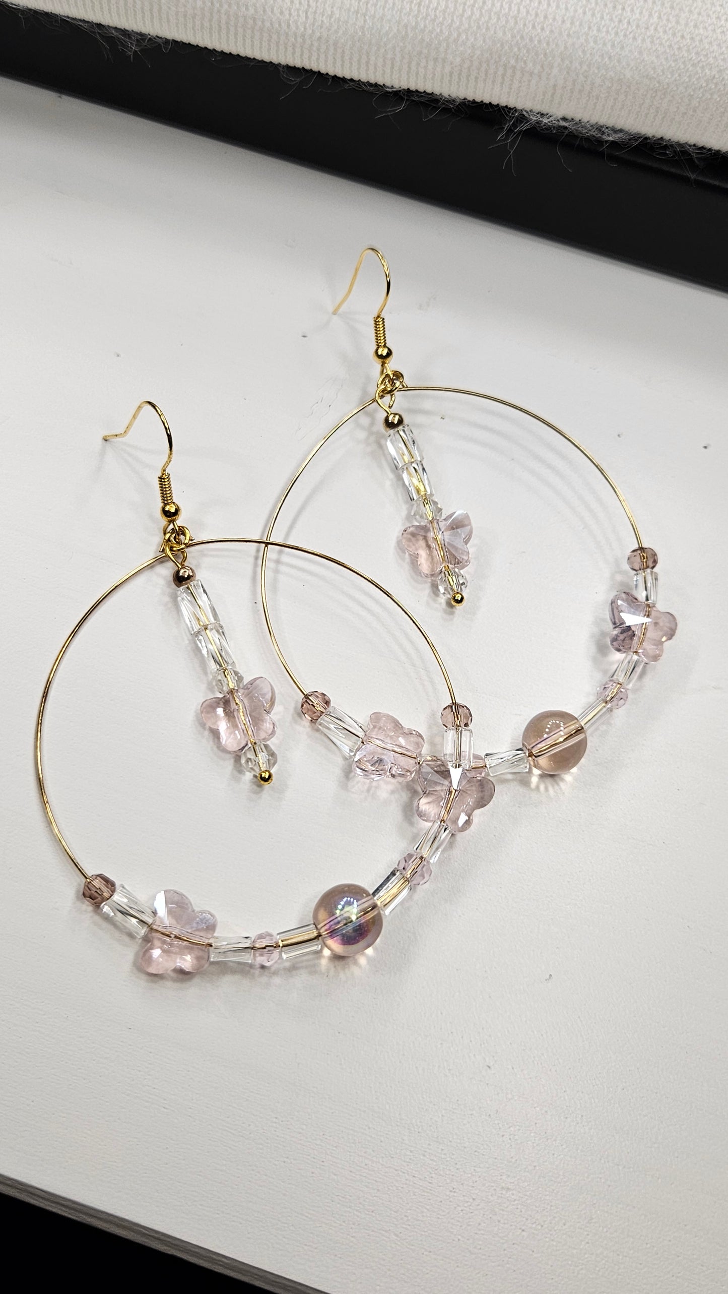 Large & Lovely Gold Hoops with Peach Faceted Crystal Butterflies Earrings