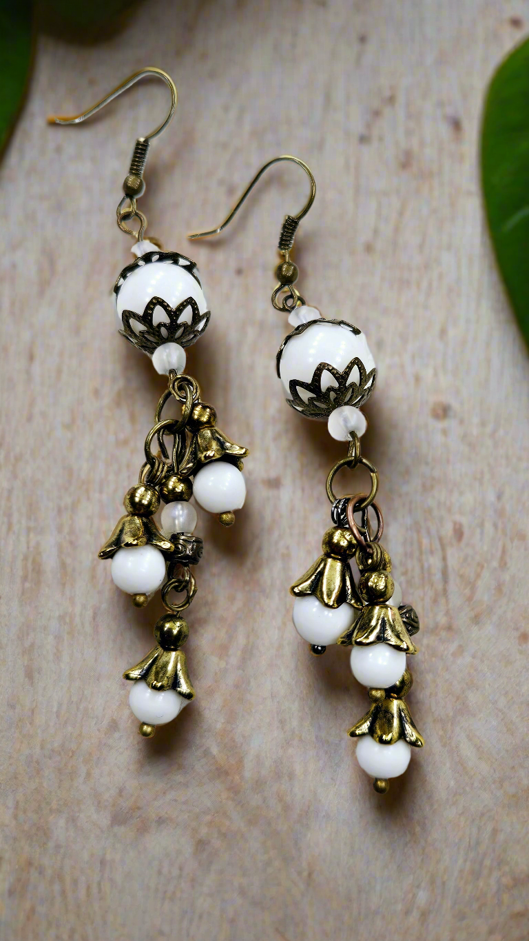 Beaded Brass Bellflower Cluster Dangle Earrings