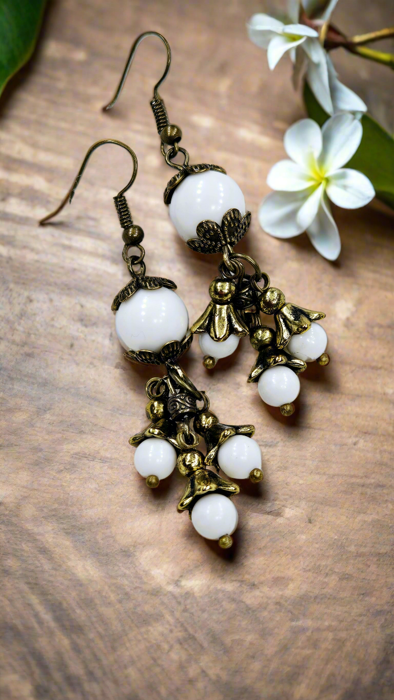 Beaded Brass Bellflower Cluster Dangle Earrings