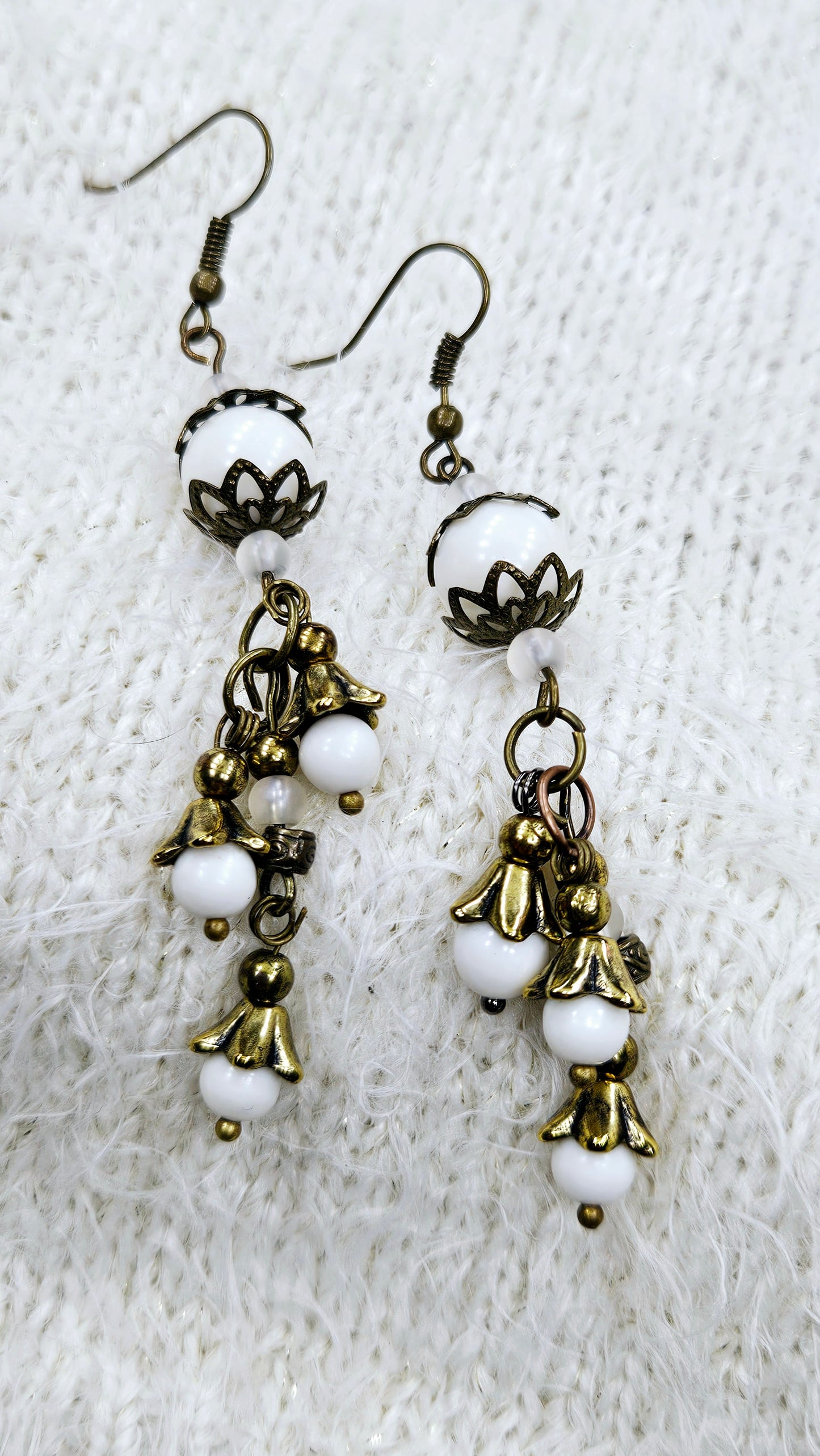 Beaded Brass Bellflower Cluster Dangle Earrings