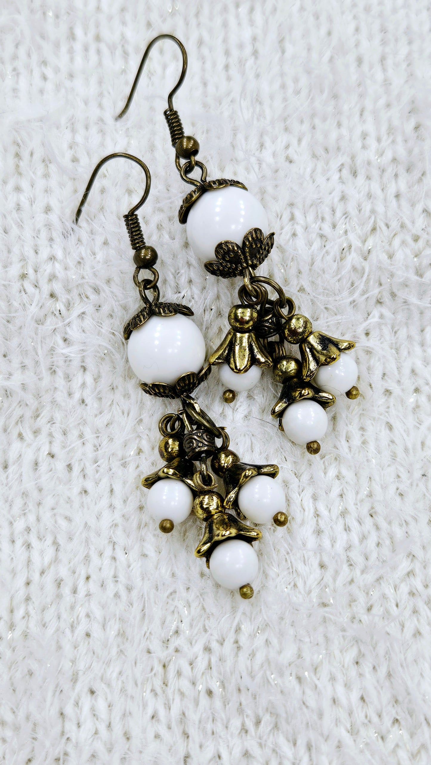 Beaded Brass Bellflower Cluster Dangle Earrings