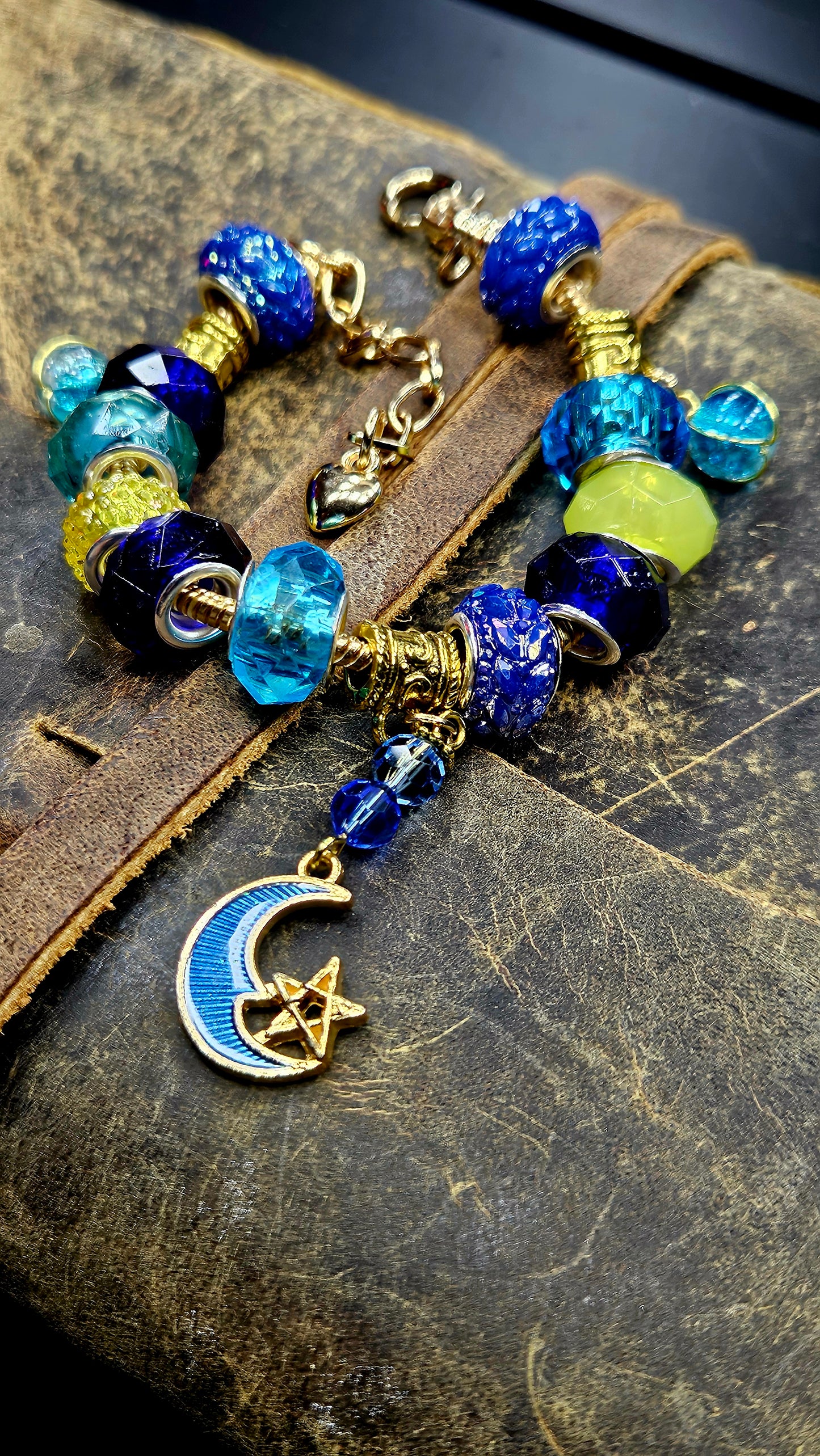 Beautiful Blue & Yellow Moon Charm Bracelet