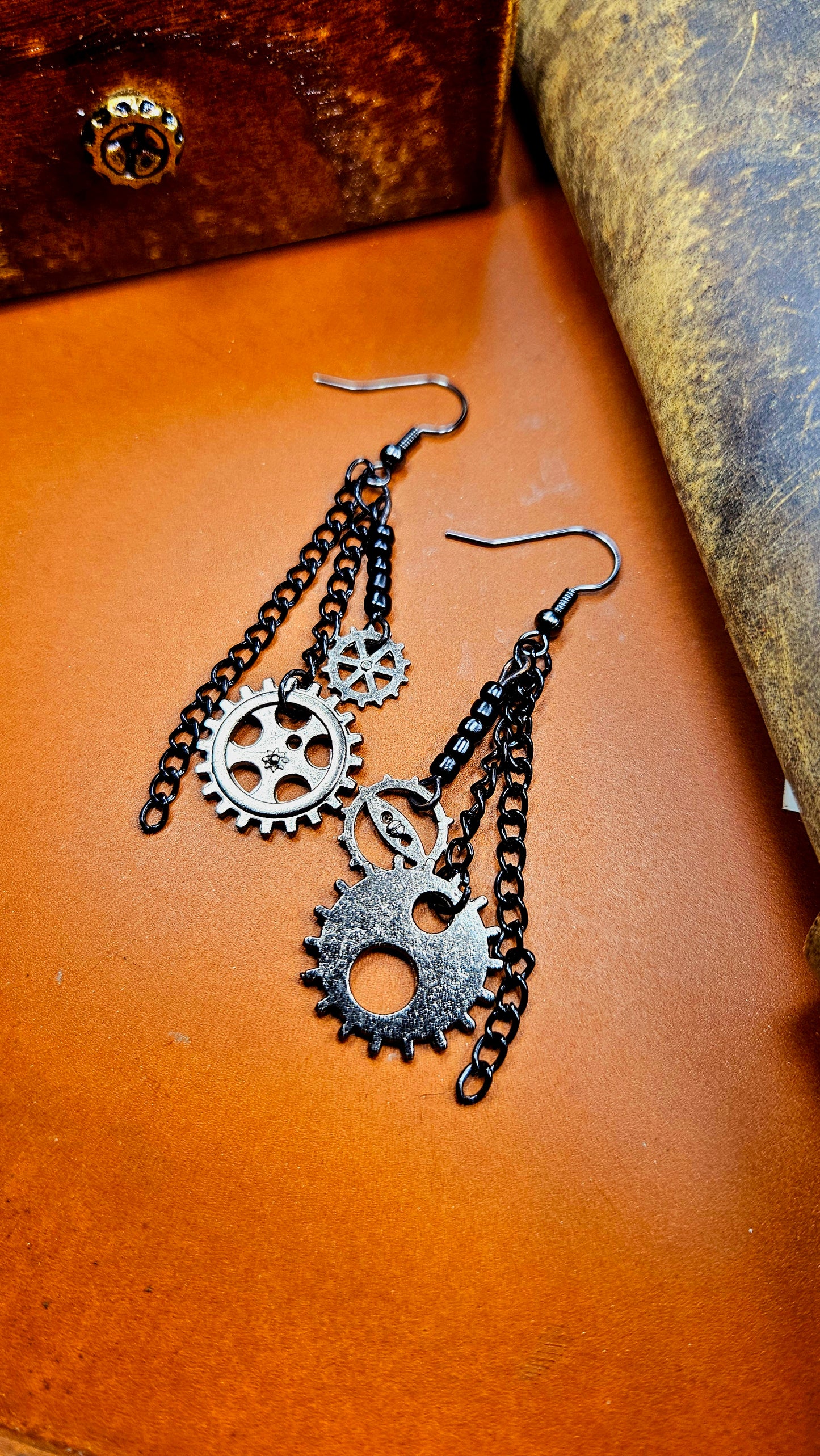 Black Gears and Chain Steampunk Style Dangle Earrings