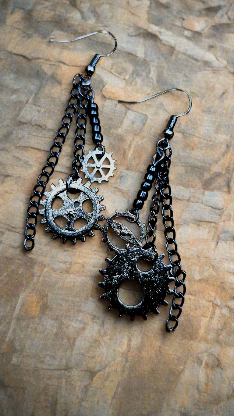 Black Gears and Chain Steampunk Style Dangle Earrings