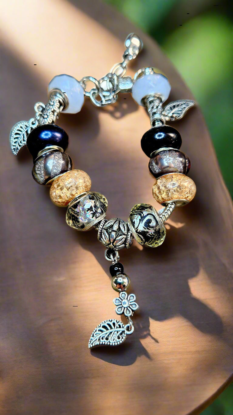 Black & Silver Leaf Charm Bracelet