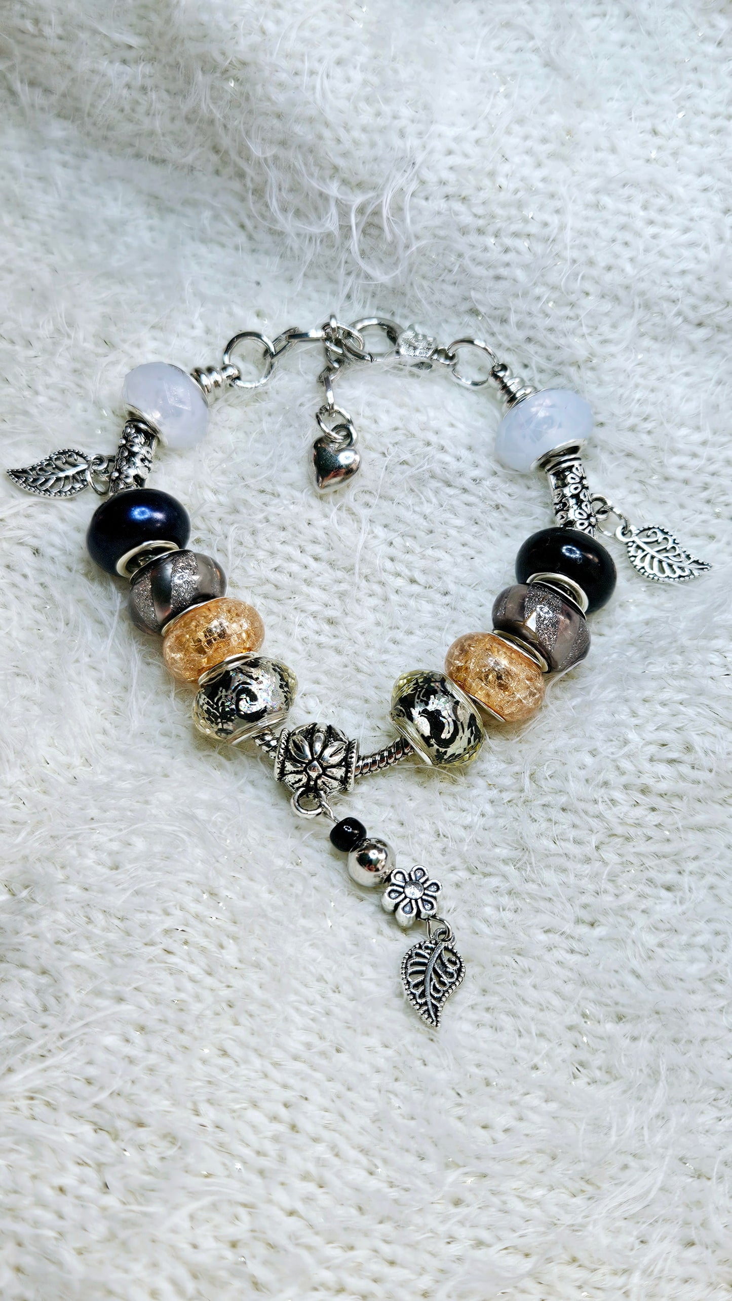 Black & Silver Leaf Charm Bracelet