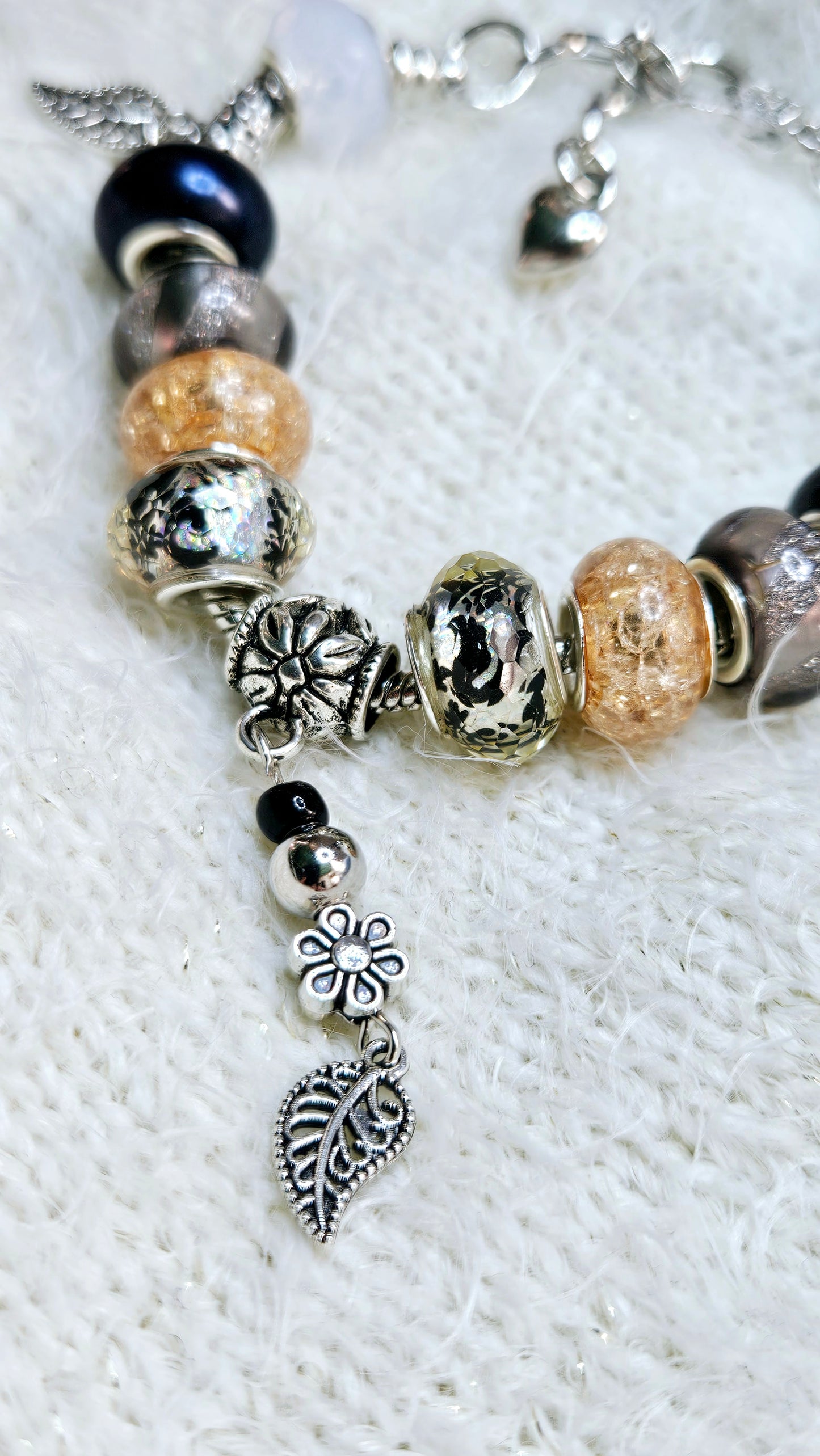Black & Silver Leaf Charm Bracelet