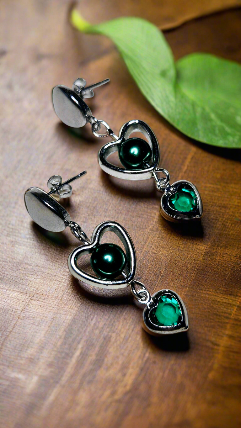 Blue/Green Silver Heart Charm Dangle Earrings