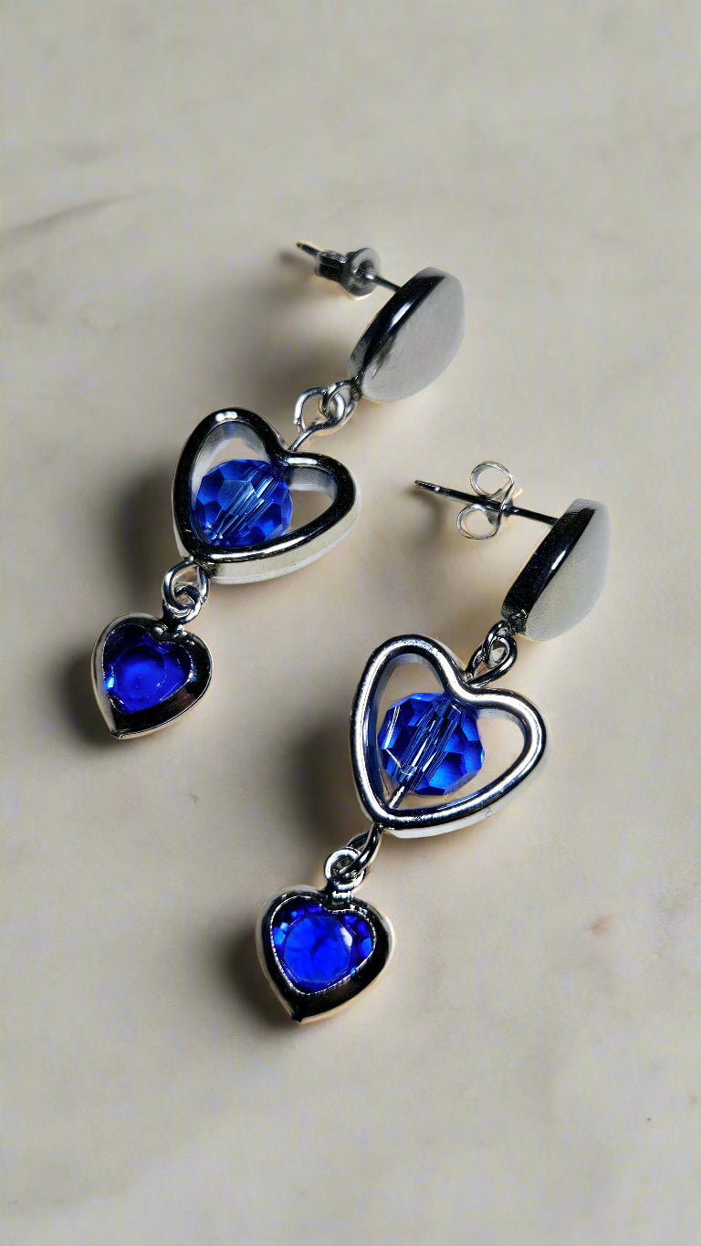 Blue/Green Silver Heart Charm Dangle Earrings