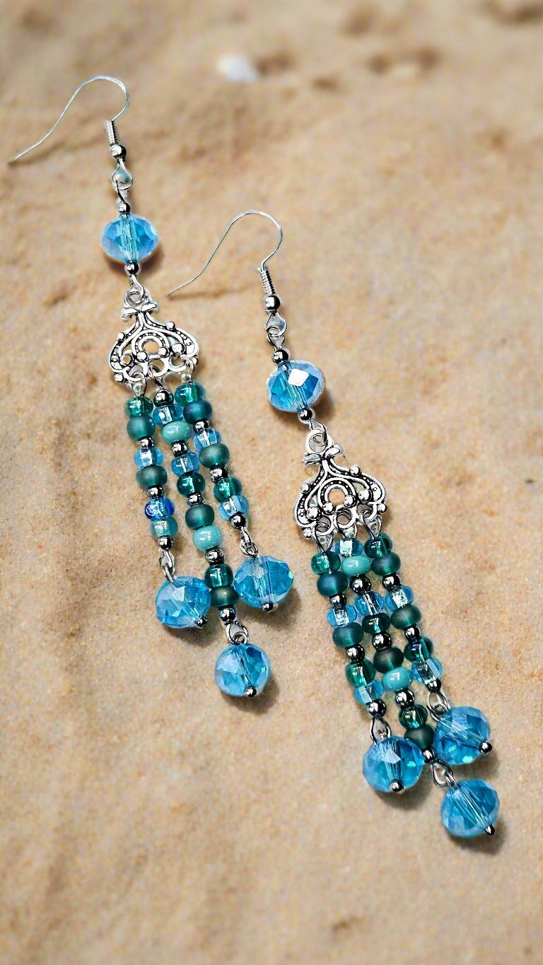 Boho Blue & Teal Silver Tassel Dangle Earrings