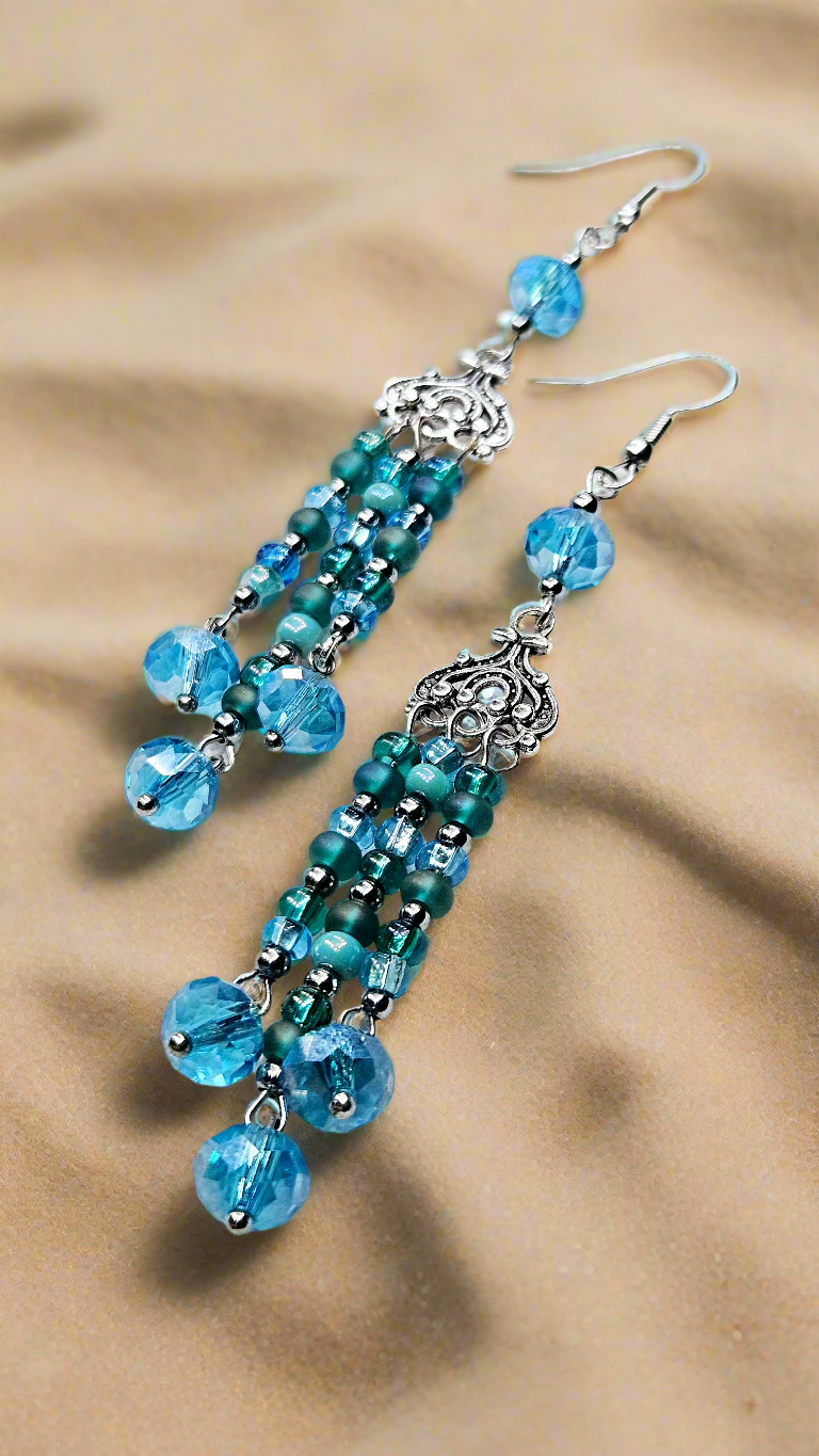 Boho Blue & Teal Silver Tassel Dangle Earrings