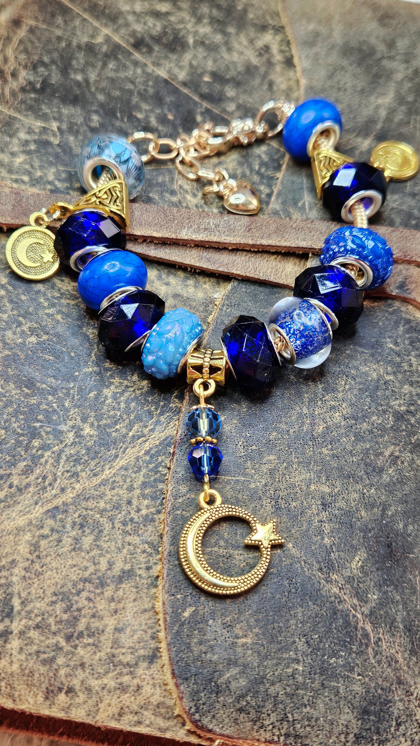 Bold Blue Cobalt & Gold Moon Charm Bracelet