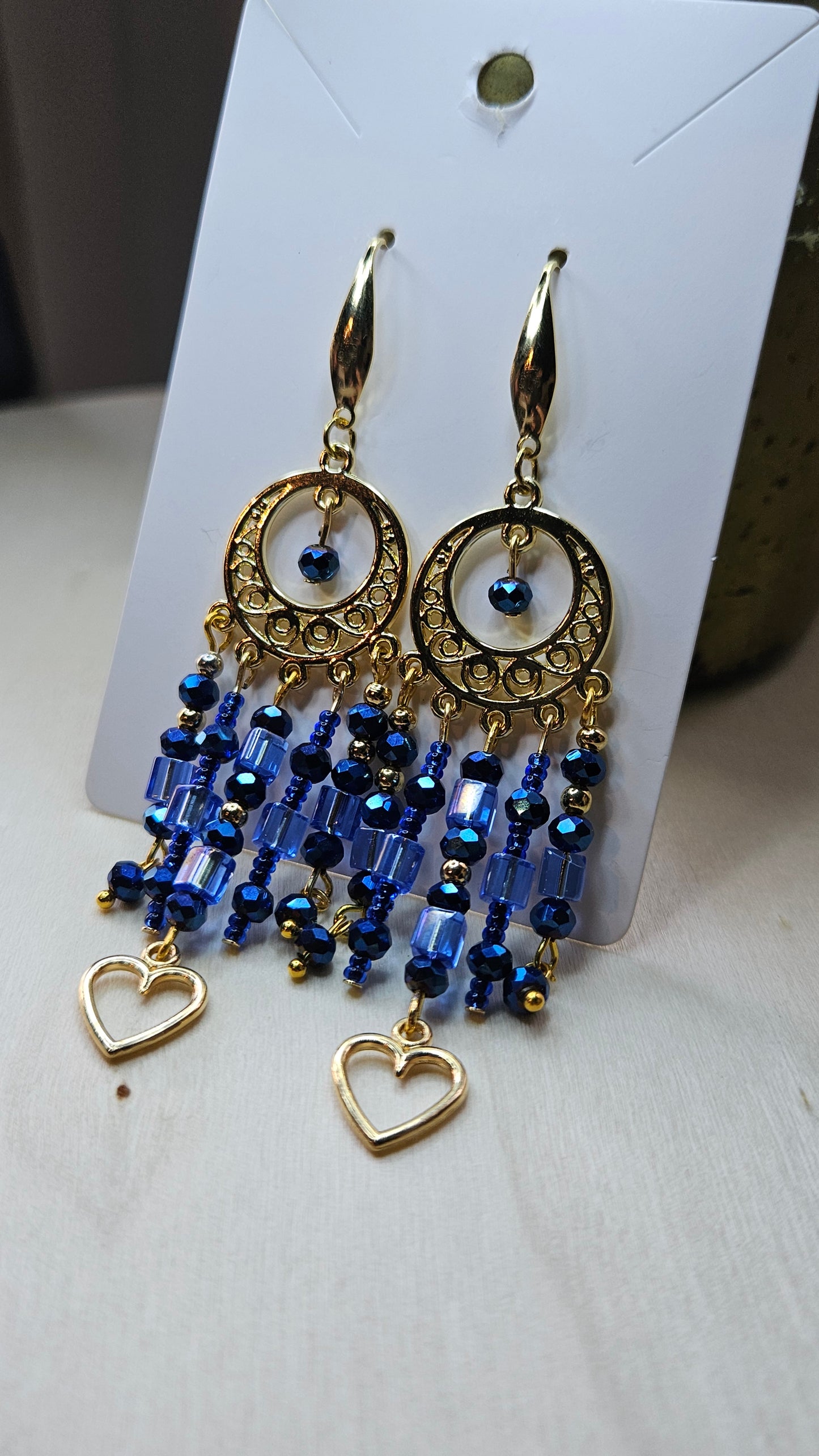 Bollywood Blues & Gold Heart Charm Chandelier Earrings