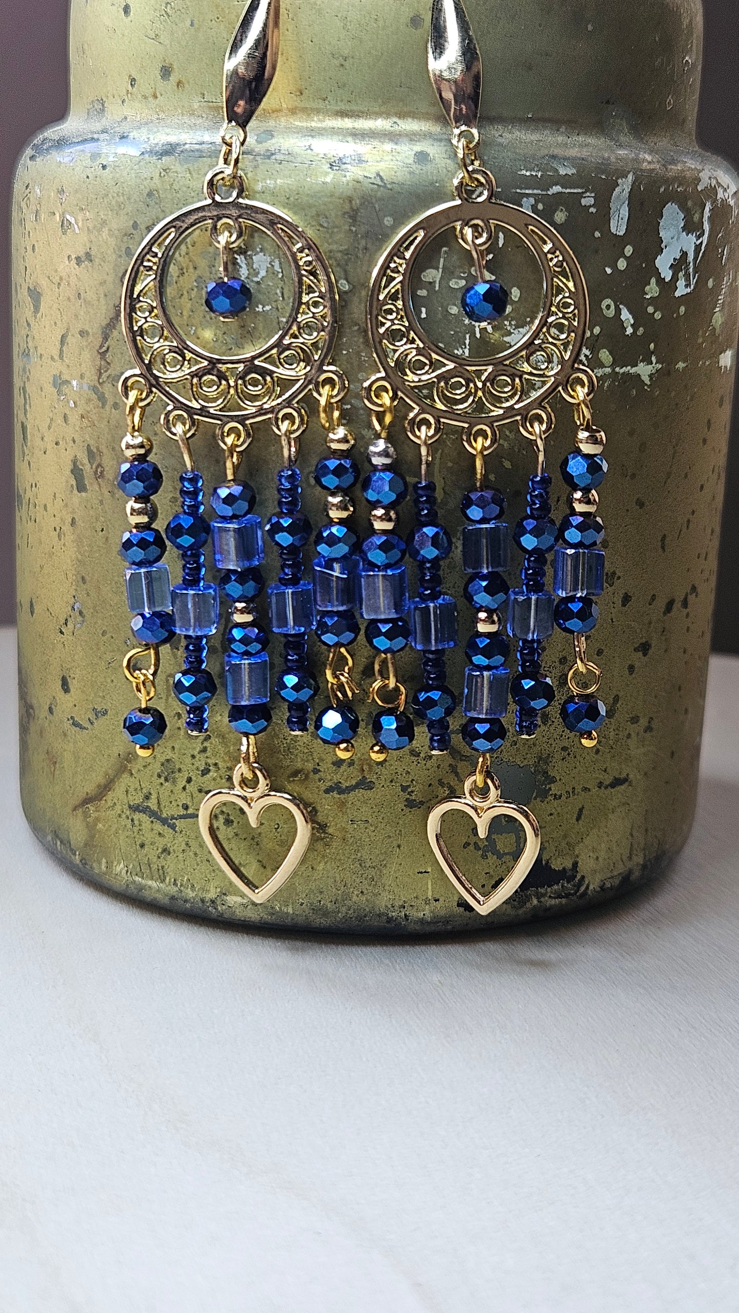 Bollywood Blues & Gold Heart Charm Chandelier Earrings