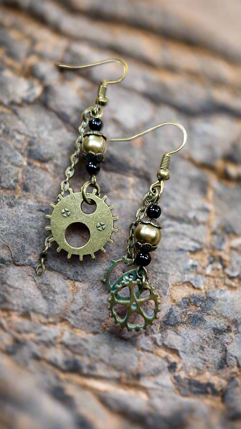 Brass Cogs and Chains with Dark Pearls Steampunk Dangle Earrings