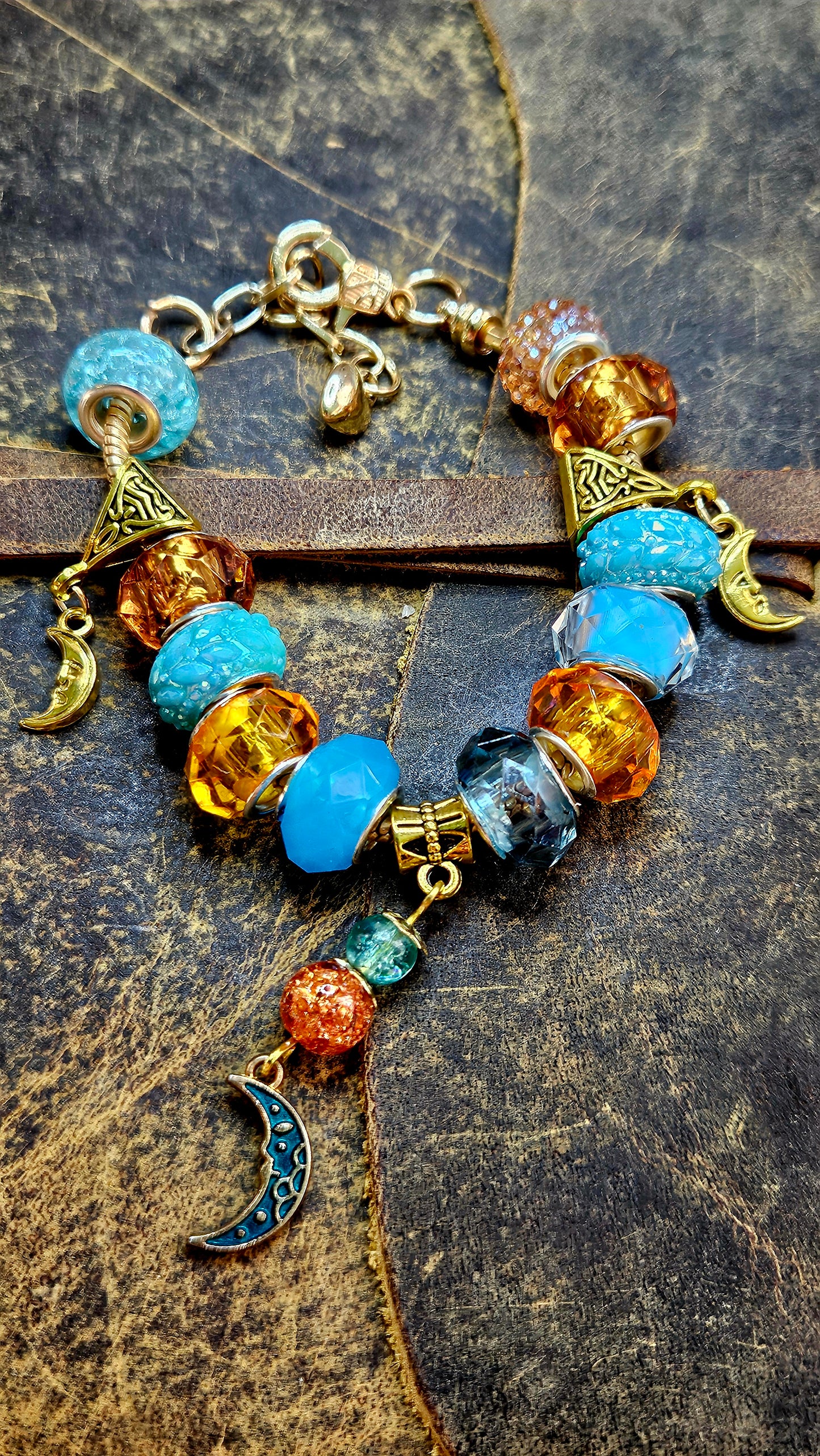 Bright Blue & Amber Moon Charm Bracelet