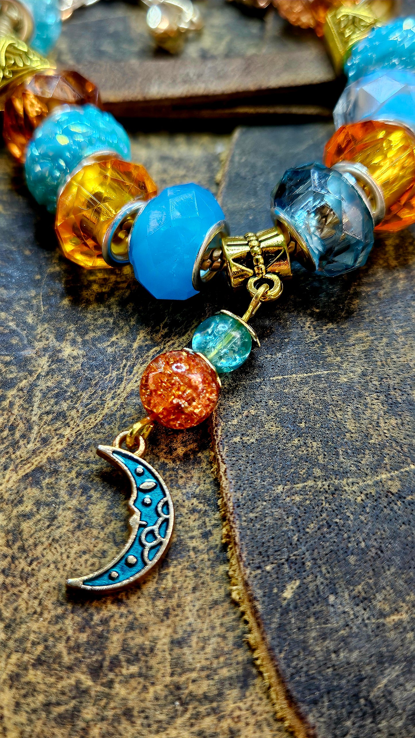 Bright Blue & Amber Moon Charm Bracelet