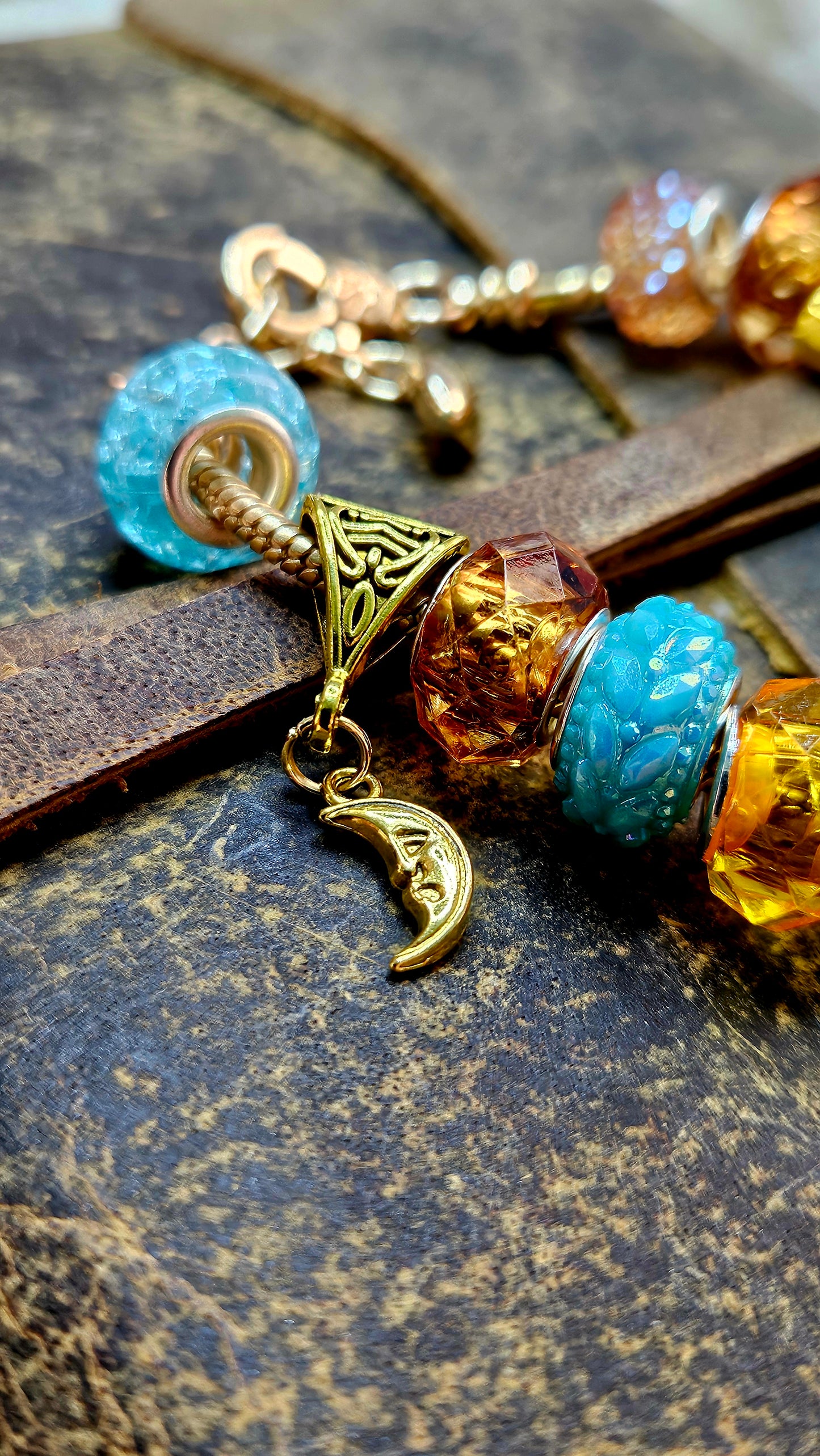 Bright Blue & Amber Moon Charm Bracelet