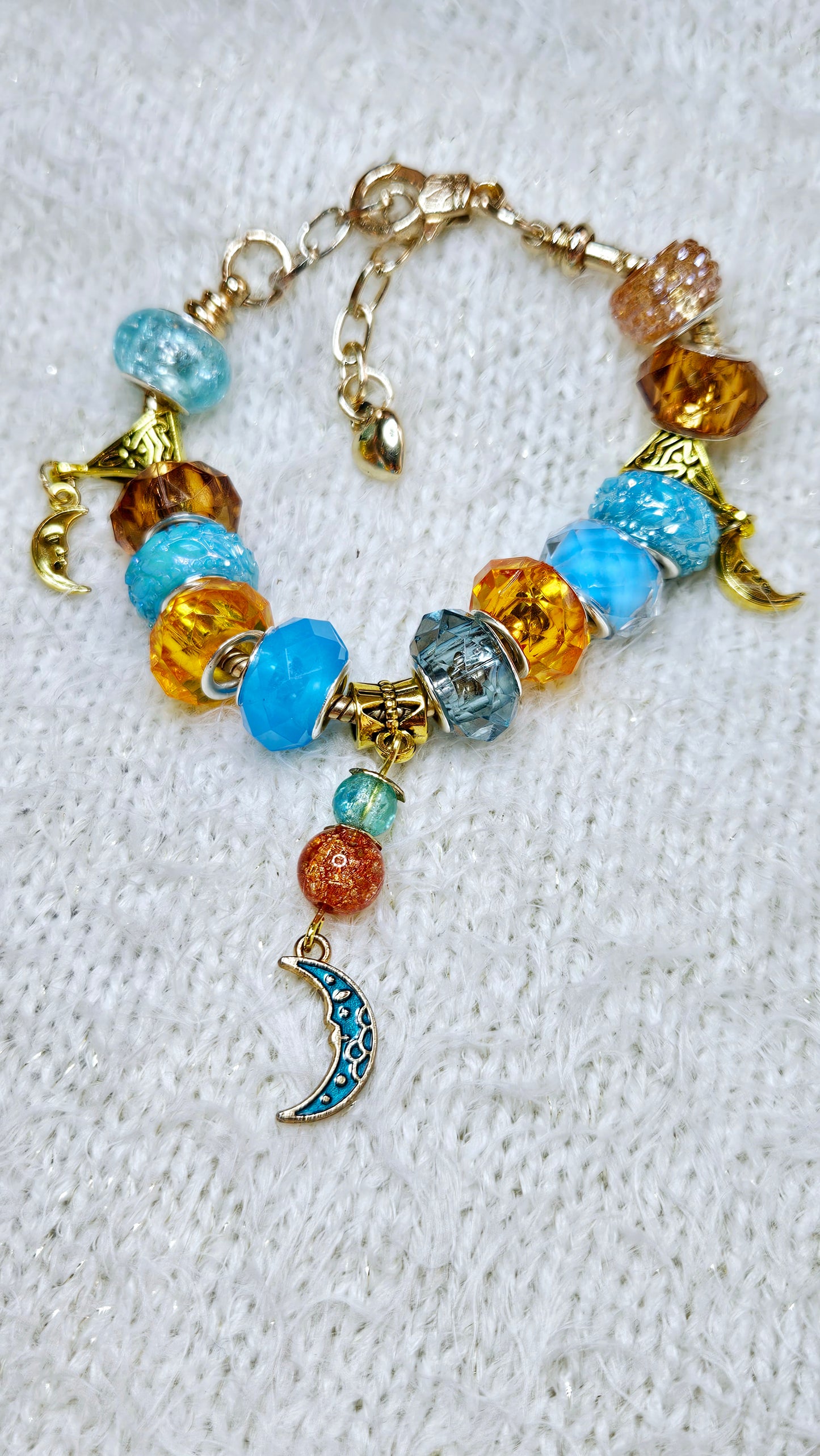 Bright Blue & Amber Moon Charm Bracelet