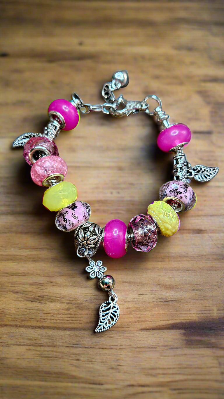 Bright Pink & Yellow Leaf Charm Bracelet
