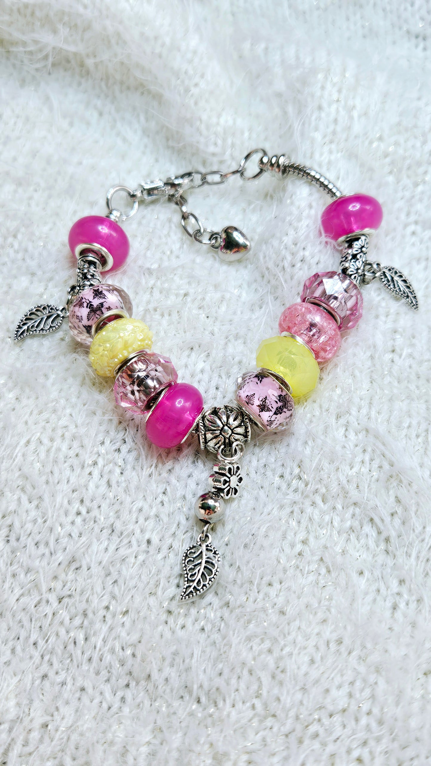 Bright Pink & Yellow Leaf Charm Bracelet