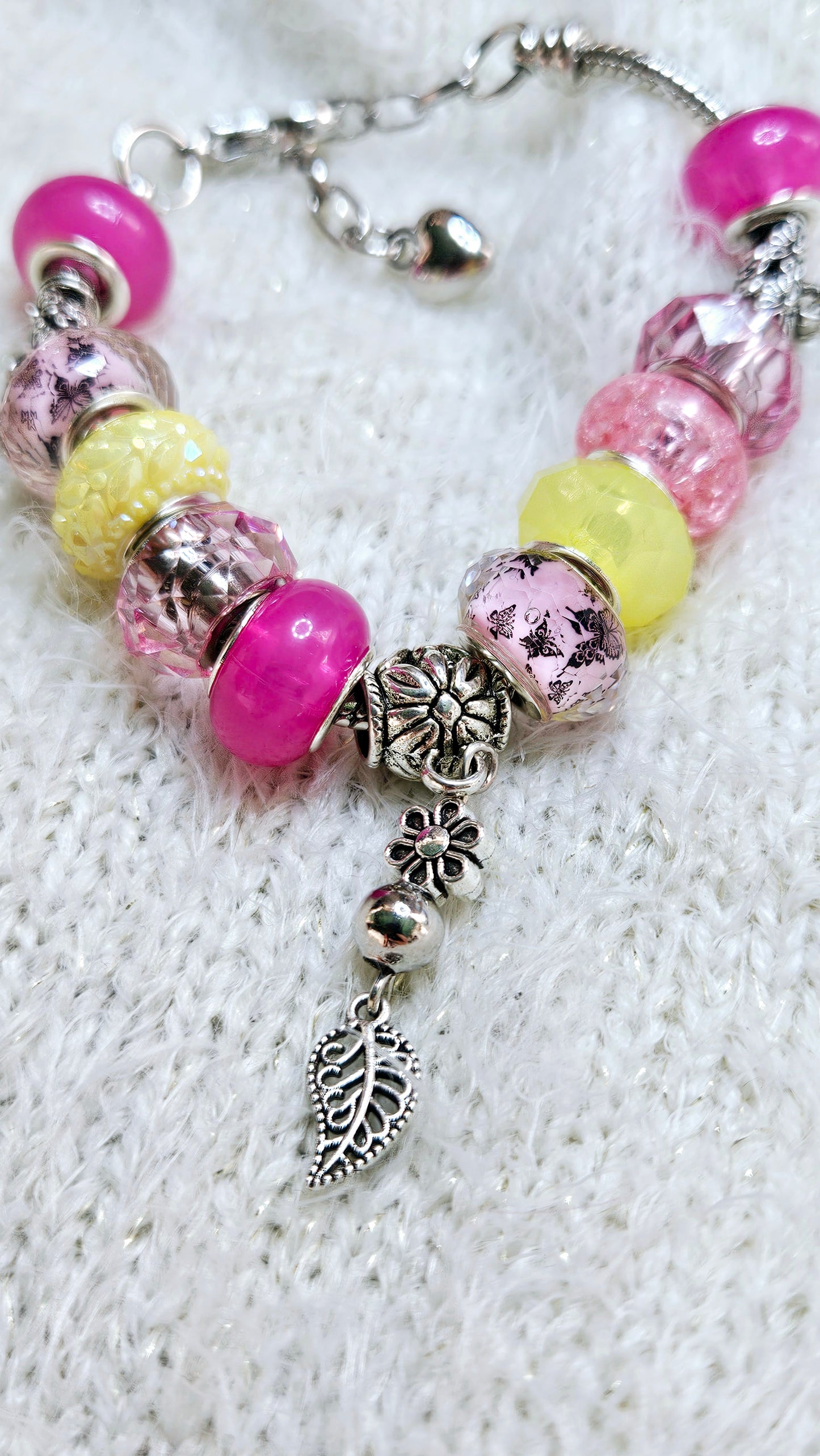 Bright Pink & Yellow Leaf Charm Bracelet