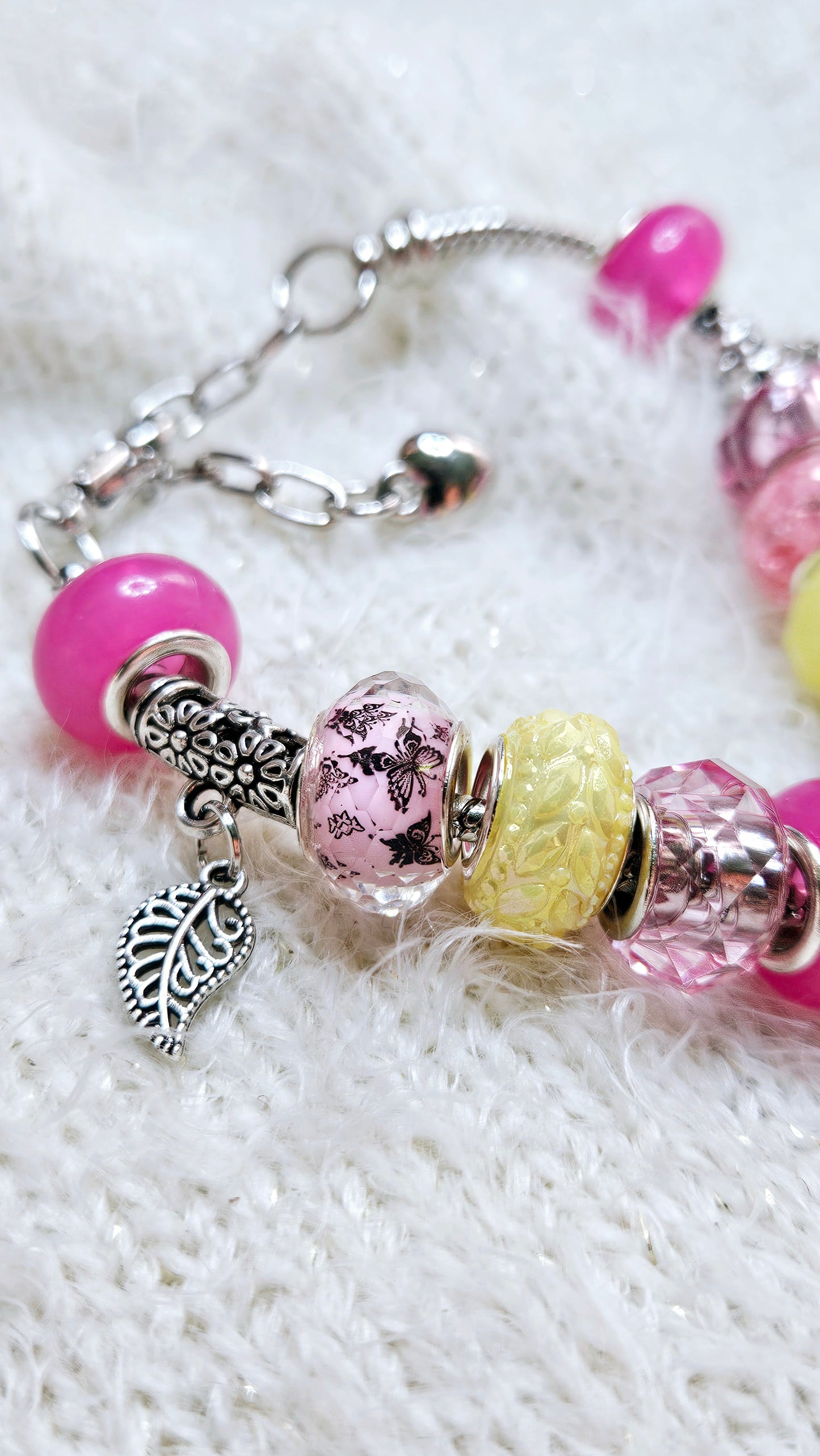 Bright Pink & Yellow Leaf Charm Bracelet