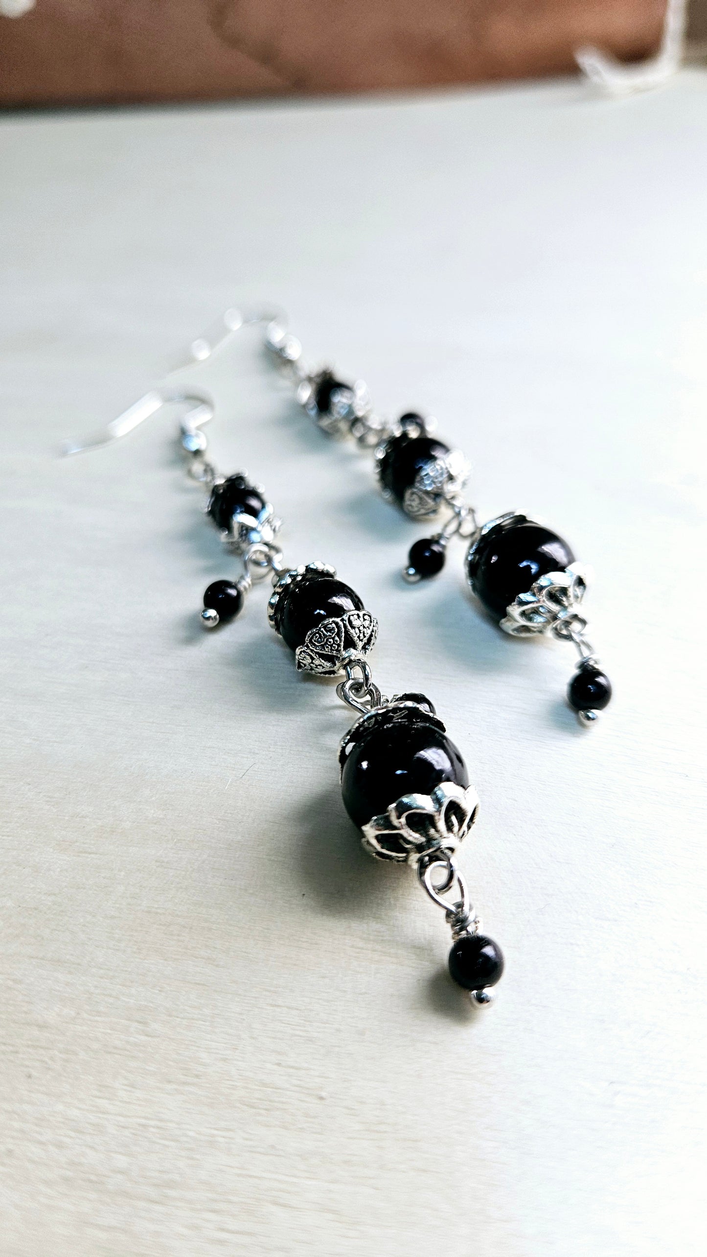Cascading Black & Silver Trio Dangle Earrings
