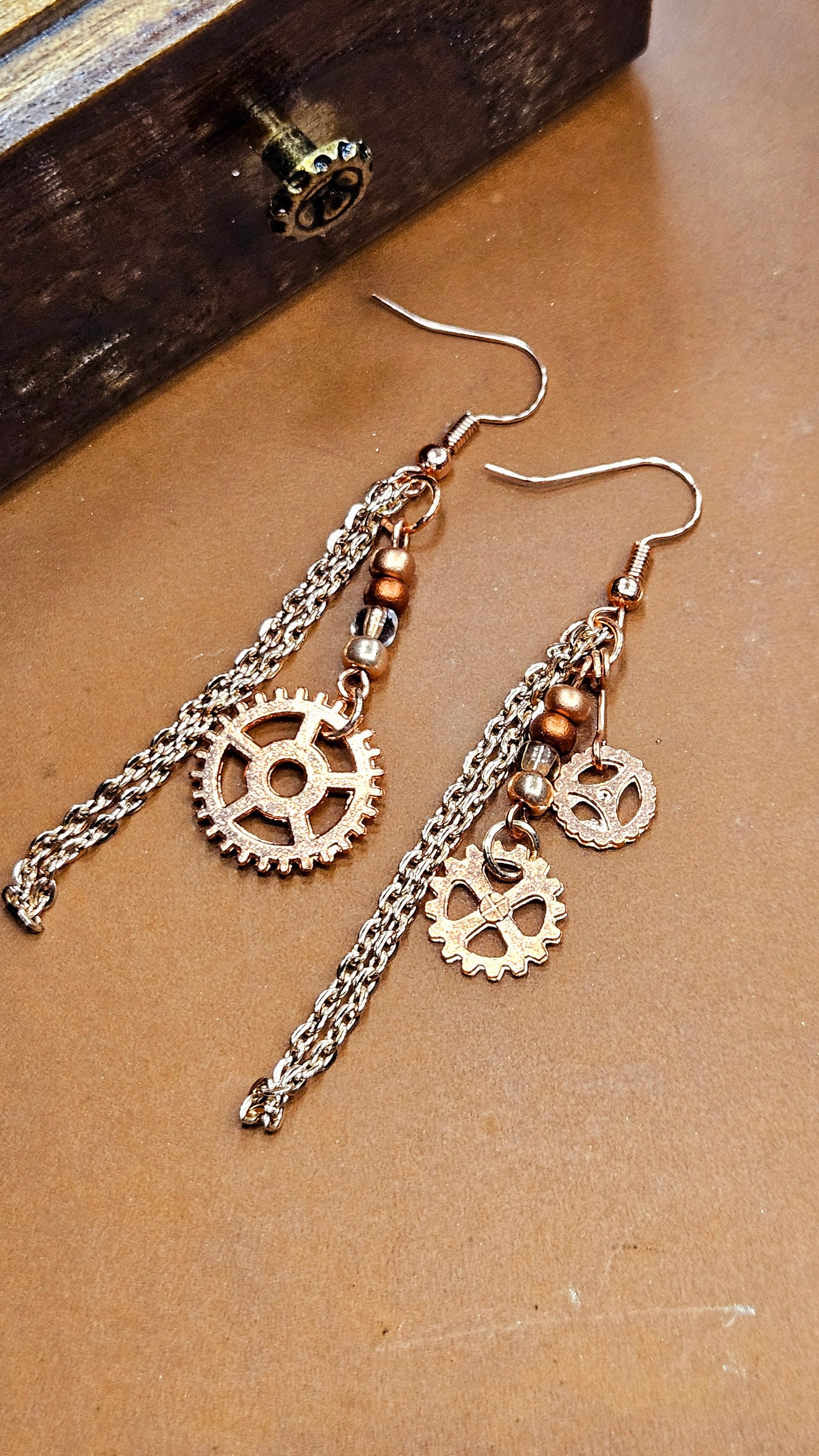Copper Cogs & Chains Steampunk Dangle Earrings