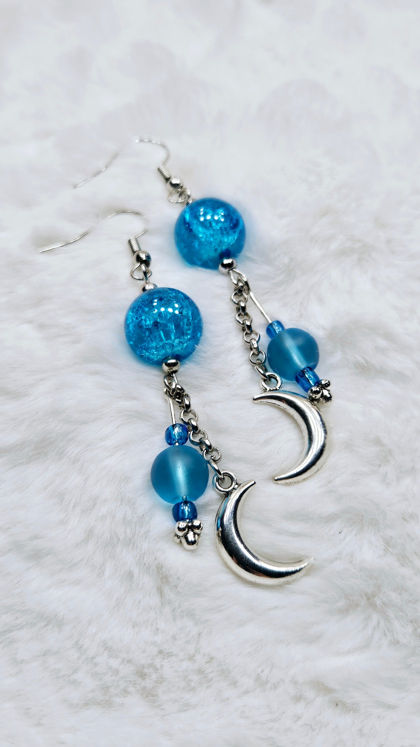 Crushed Blue & Silver Crescent Moon Charm Dangle Earrings