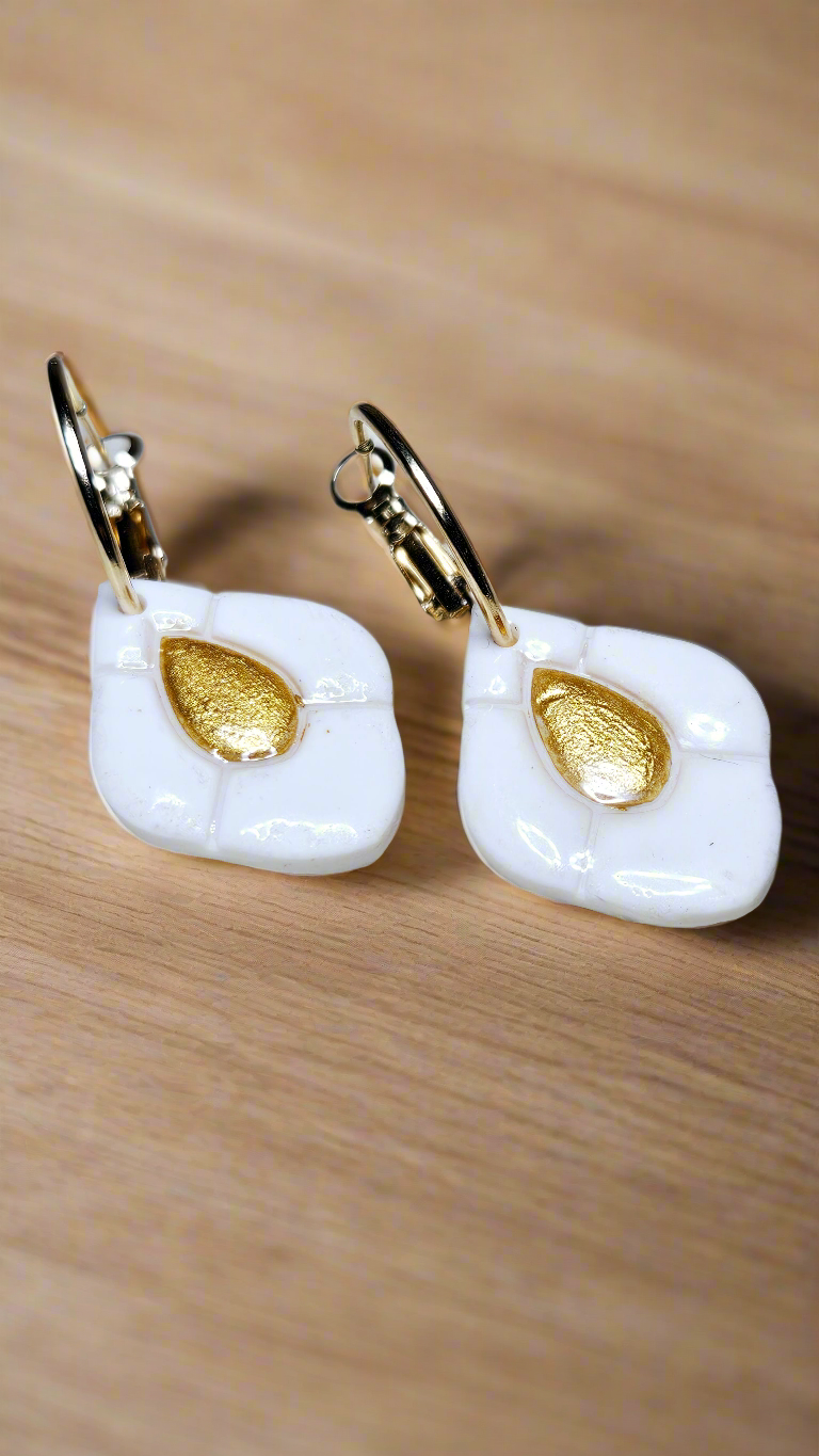 Cute White & Gold Clay Hoop Earrings