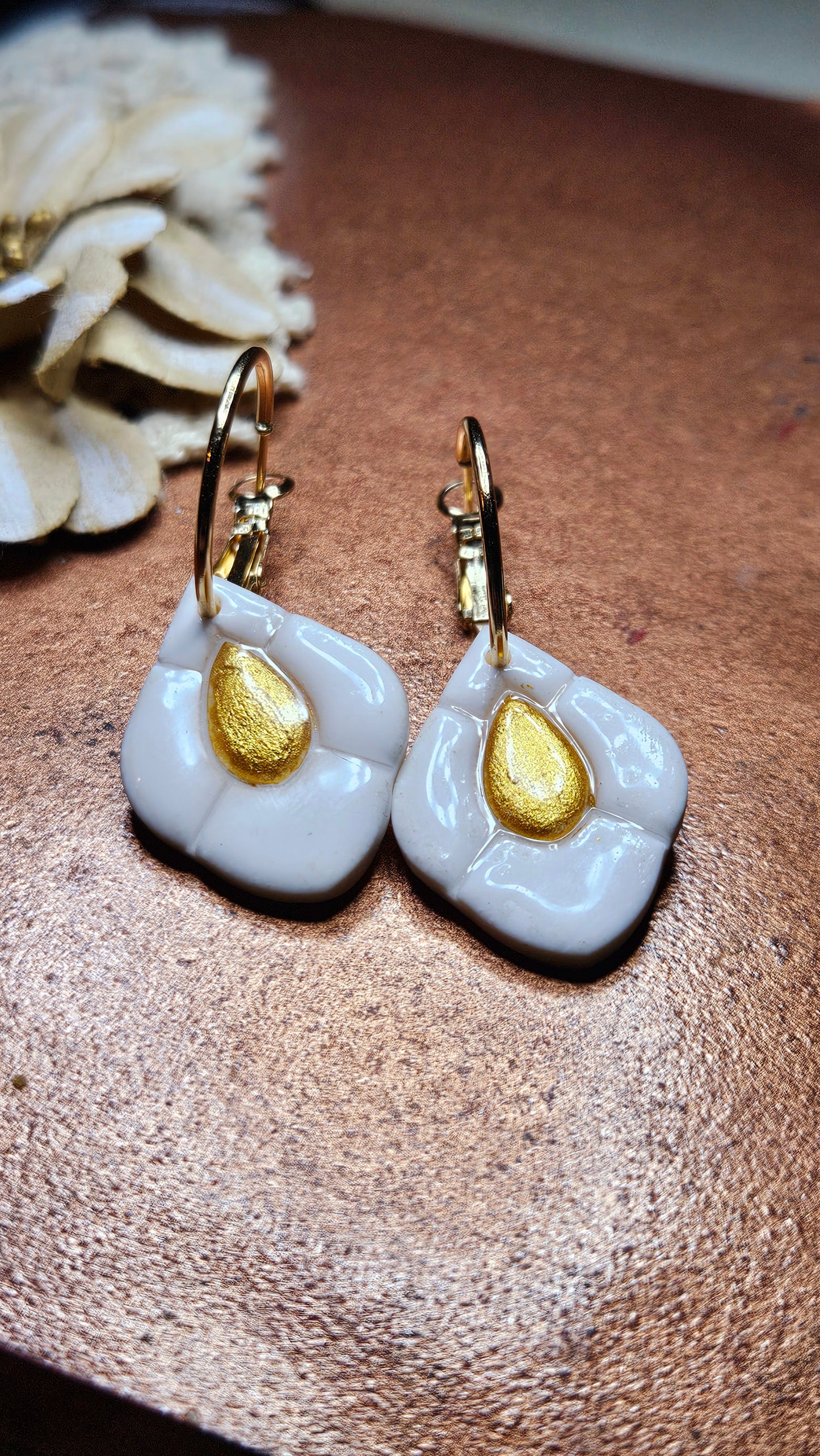 Cute White & Gold Clay Hoop Earrings