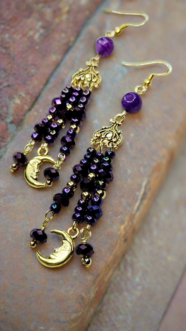 Dark Iridescent Purple & Gold Moon Charm Tassel Dangle Earrings