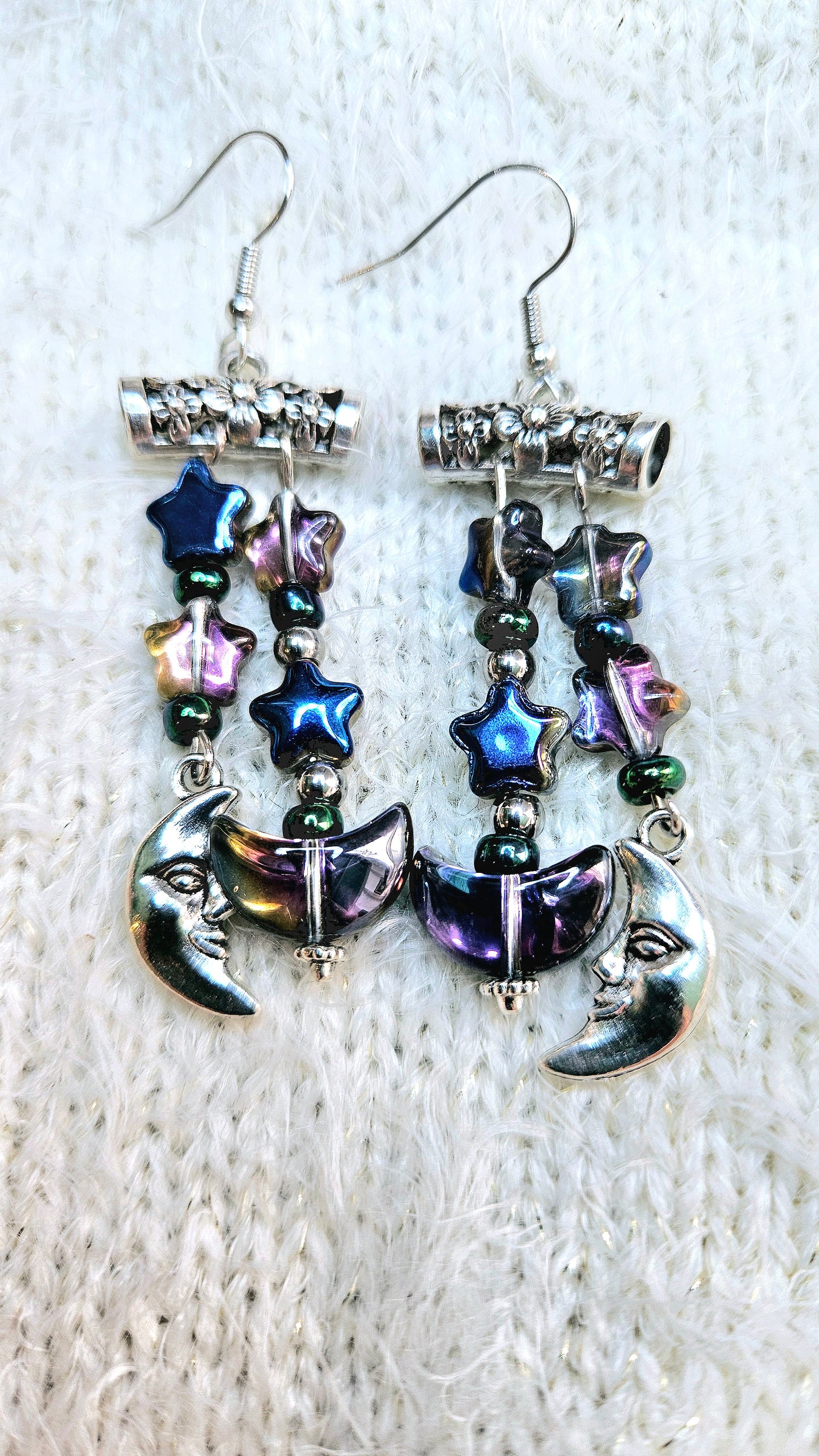 Dark Shimmery Stars & Silver Moonface Charm Dangle Earrings