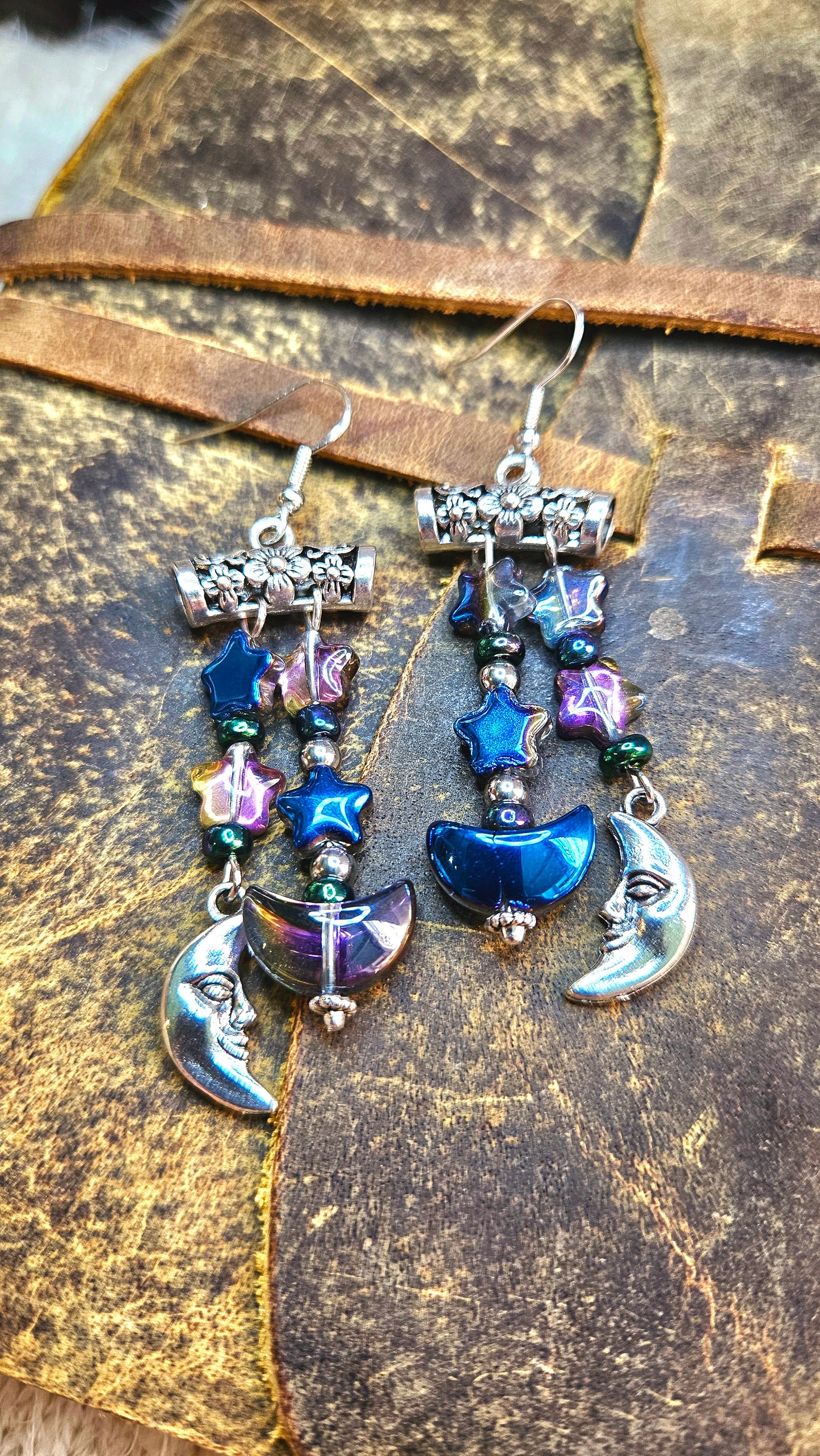 Dark Shimmery Stars & Silver Moonface Charm Dangle Earrings