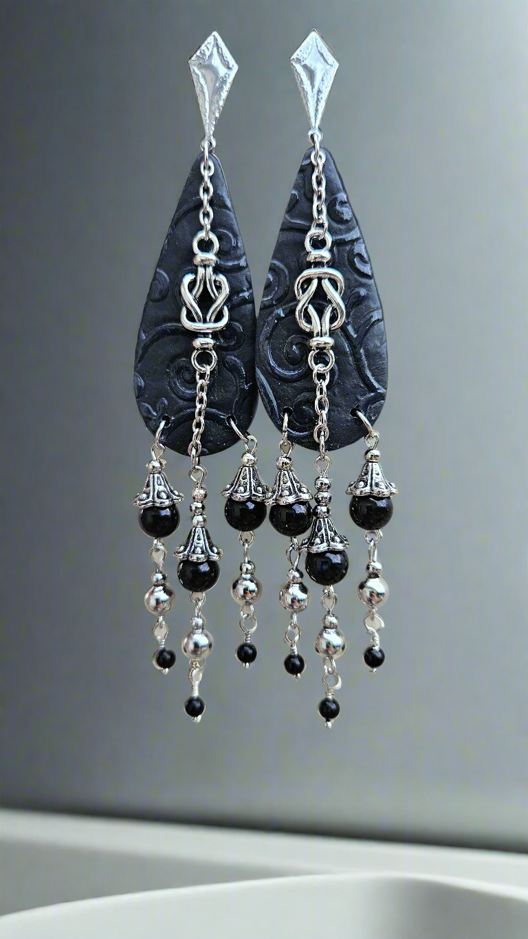 Dark Victorian Black Clay Teardrop & Silver Knot Dangle Earrings