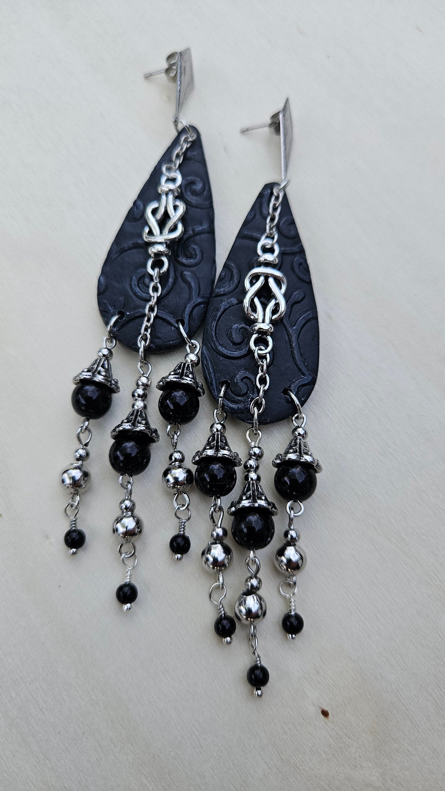 Dark Victorian Black Clay Teardrop & Silver Knot Dangle Earrings