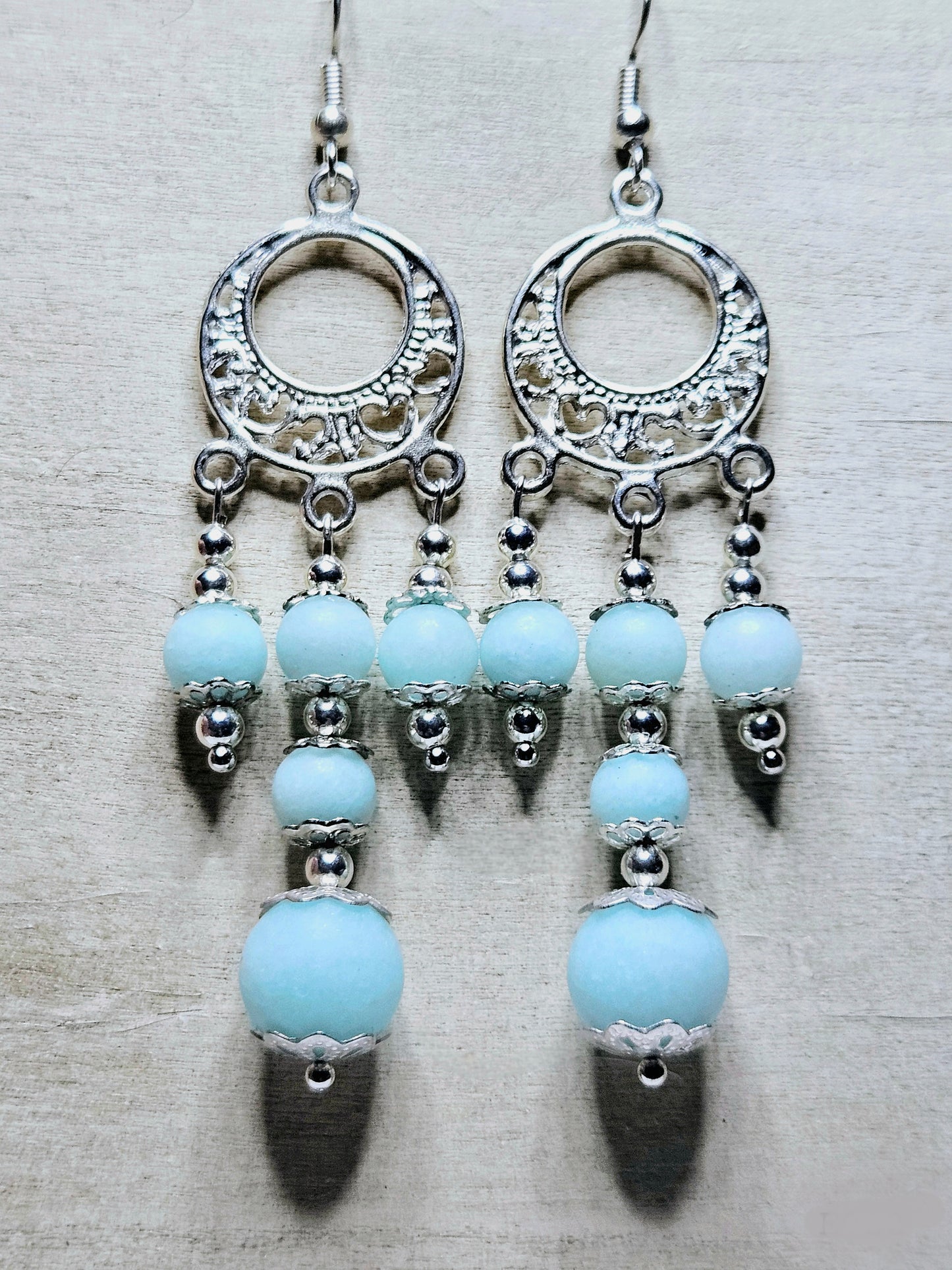 Silver Gypsy Chandelier Earrings with Sky-Blue Frosted Glass Dangles - 3½"