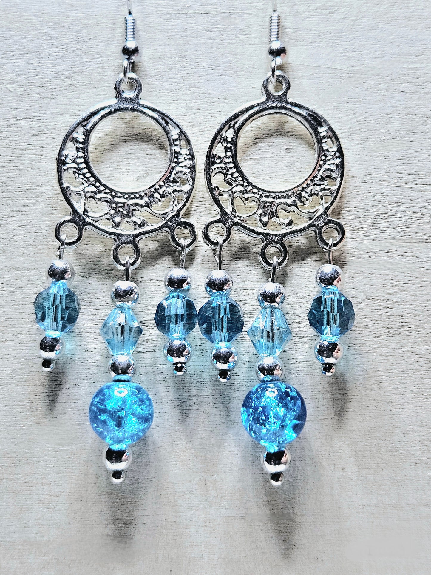 Silver Gypsy Chandelier Earrings with Blue Crushed Glass and Crystal Dangles - 2.5"