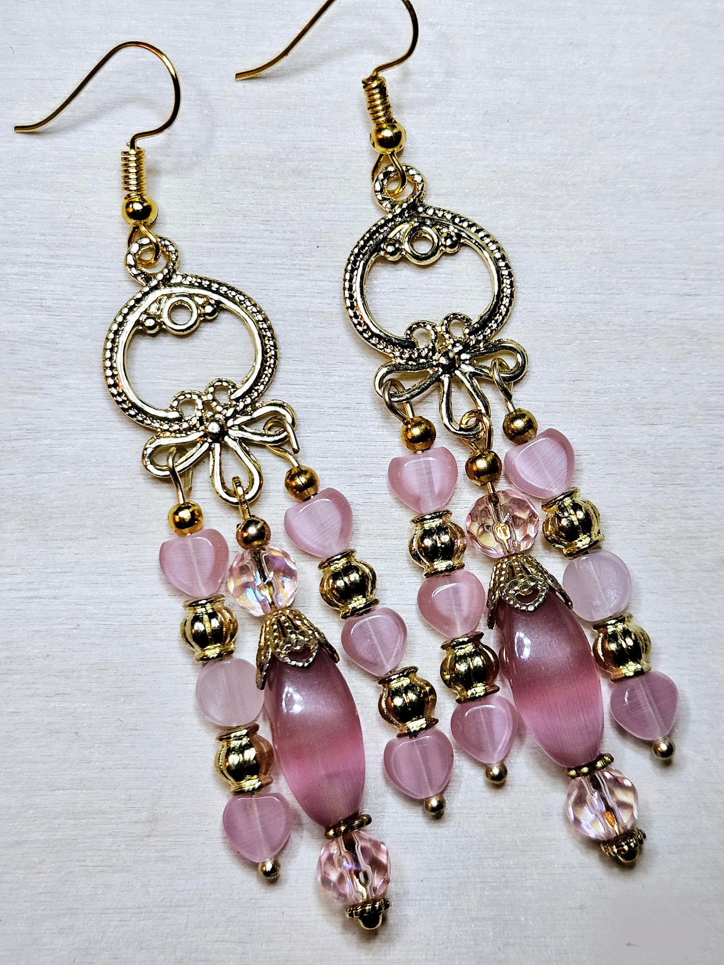 Gold Gypsy Style Chandelier Earrings with Pink Glass Hearts and Cateye Dangles - 3½"