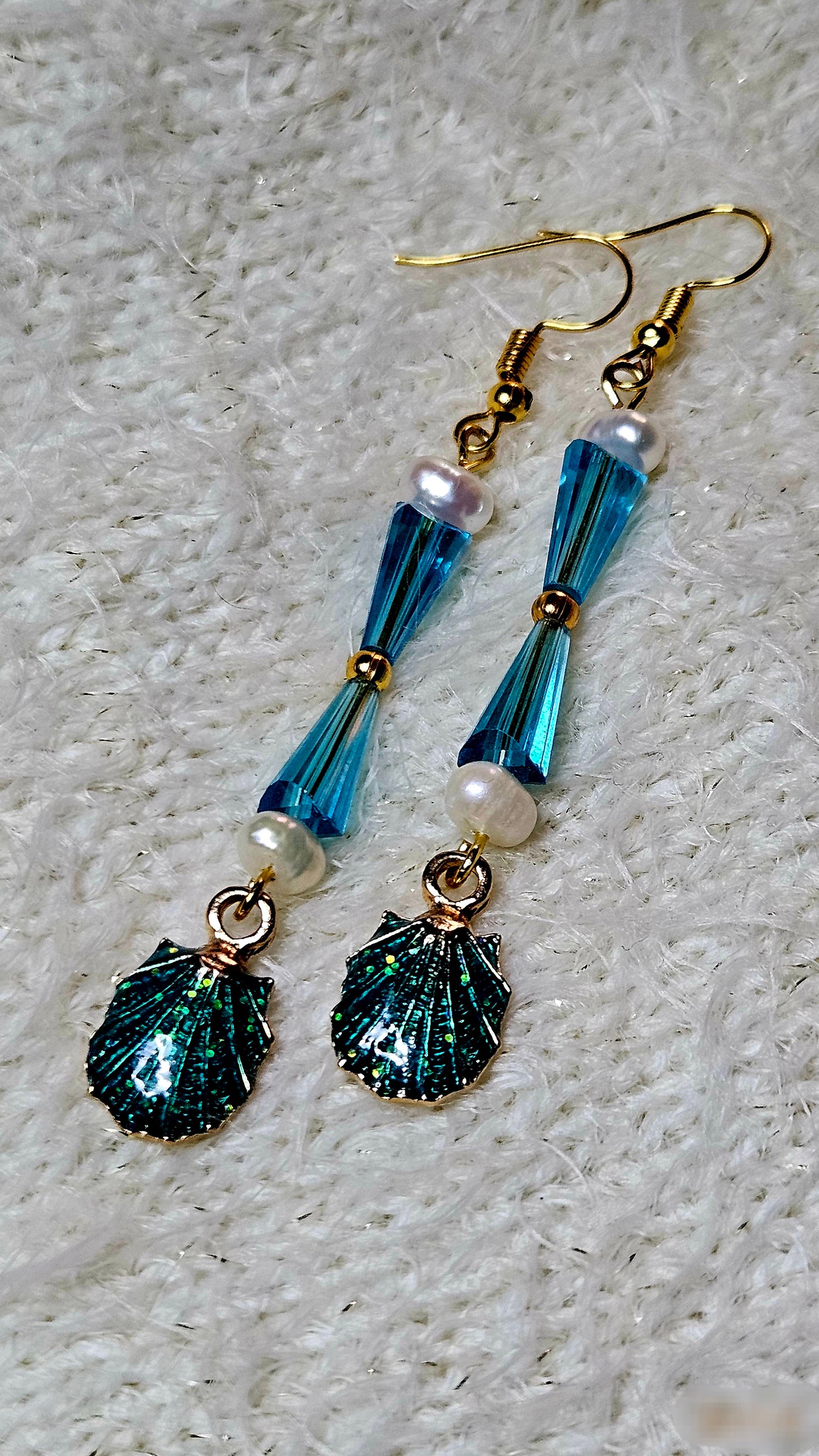 Freshwater Pearl & Blue Cone Earrings with Blue Glittering Seashell Dangles - 3¼"