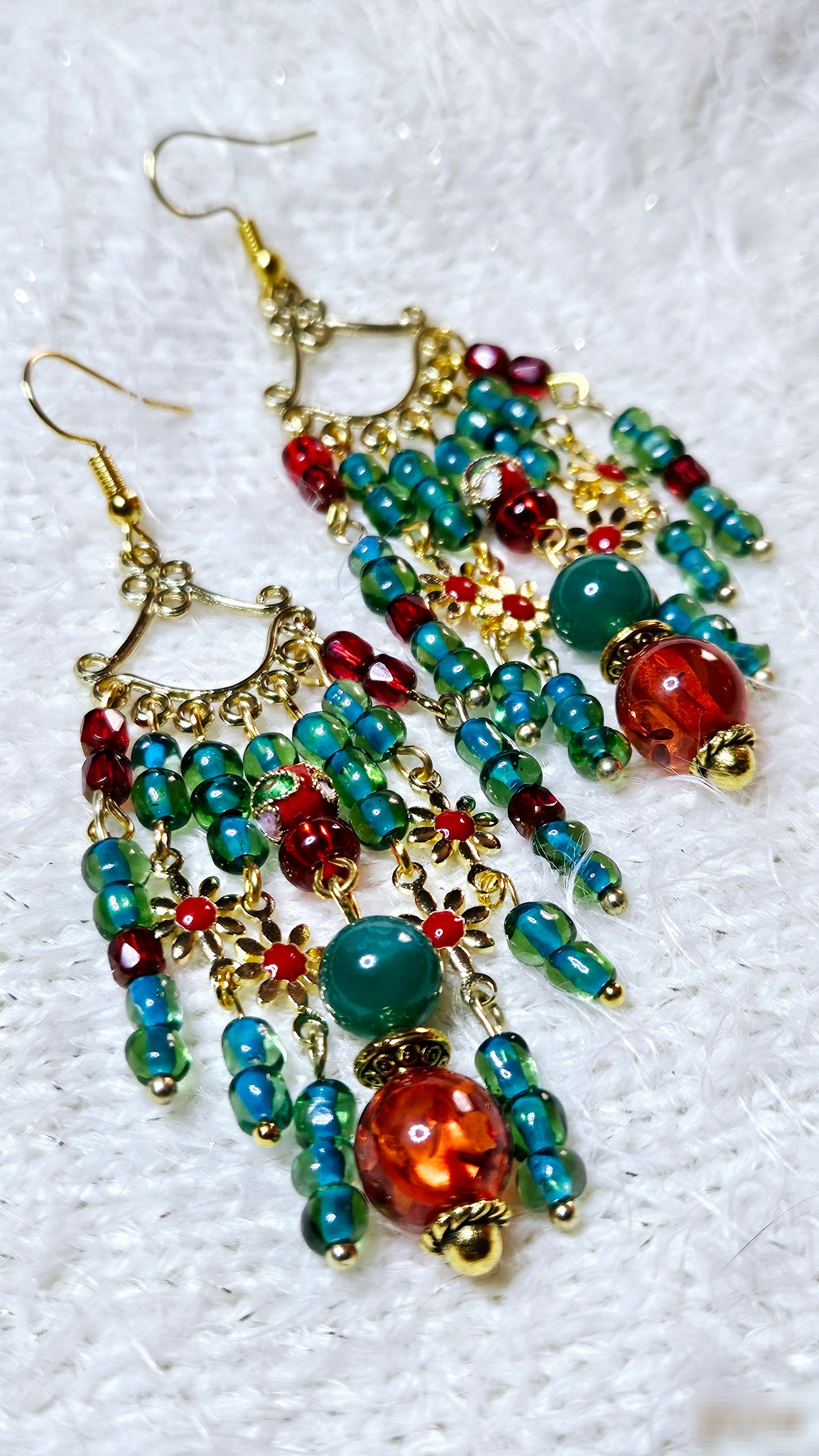 Gold Tibetan Style Chandelier Earrings with Red and Gold Flowers, Emerald Green and Red Glass Dangles - 3½"