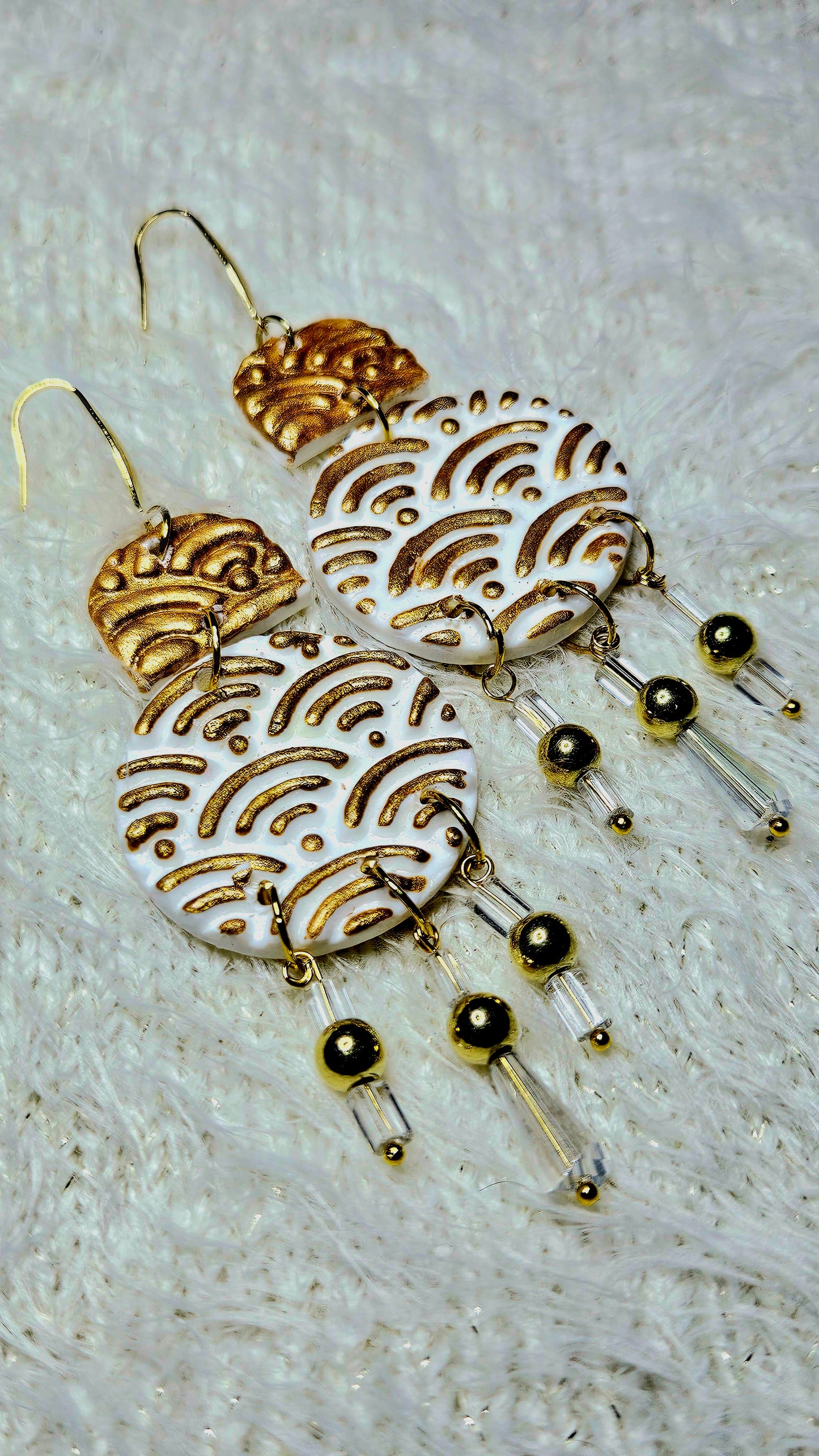 Bold Gold Clay Chandelier Earrings with Crystal Dangles - 3½"