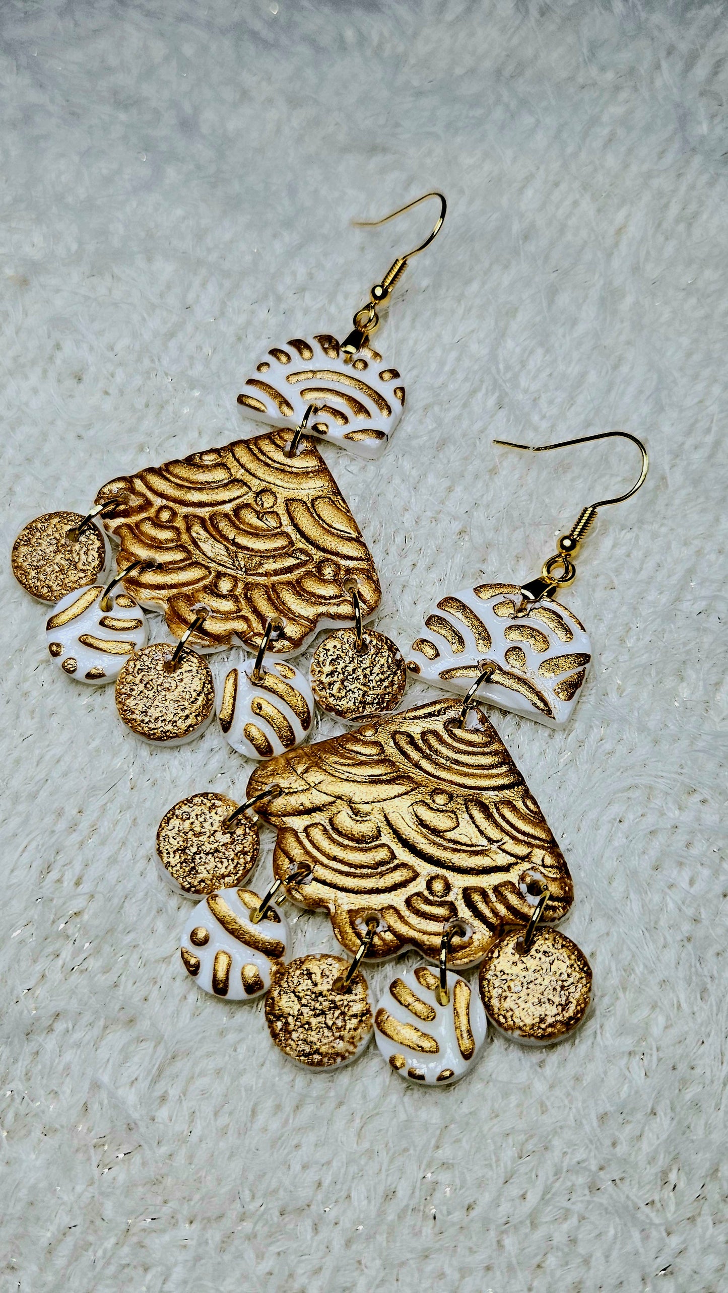 Big Bold Gold Clay Chandelier Earrings with Clay Coin Dangles - 3"