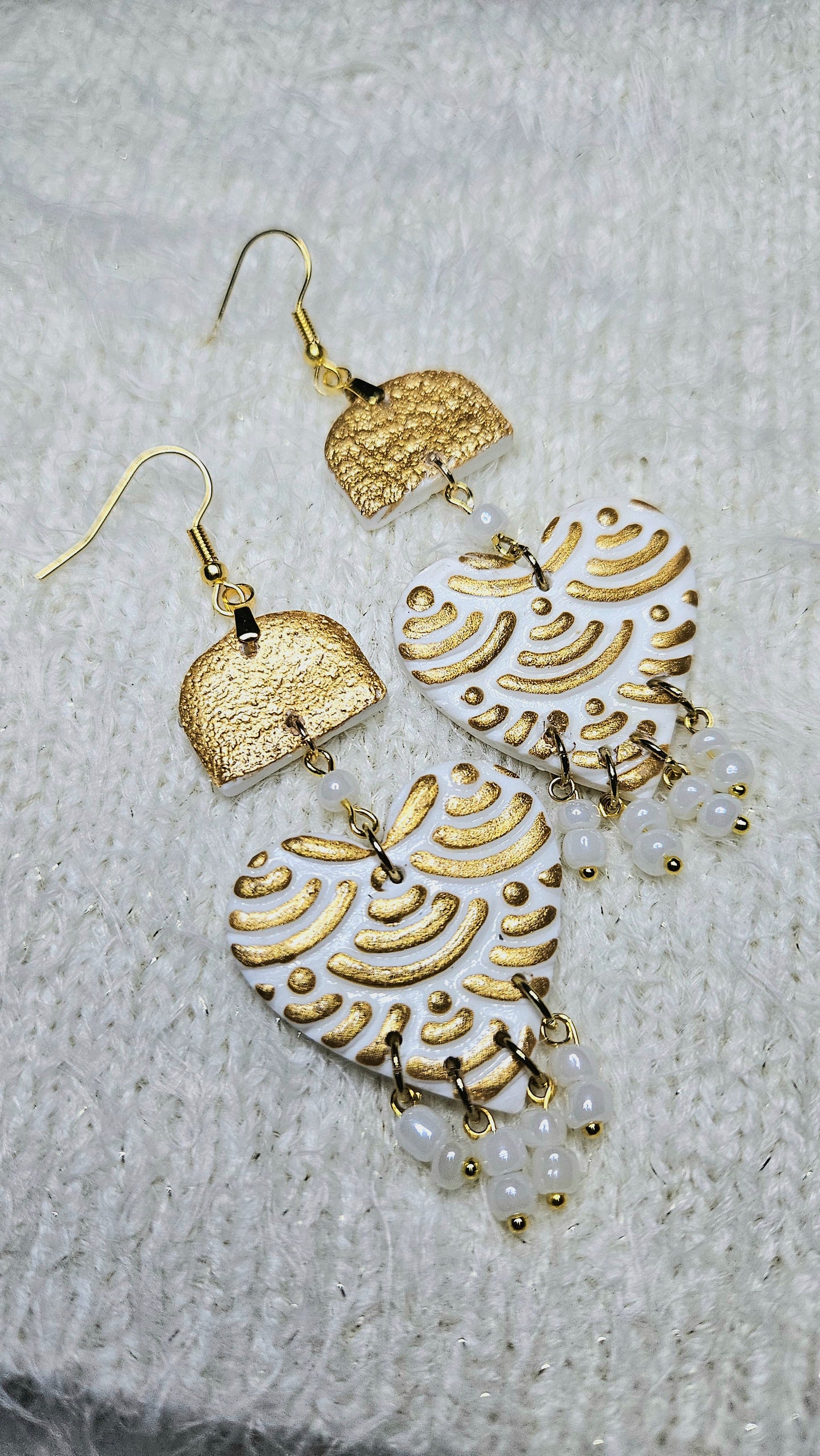 Bold Gold Clay Heart Earrings with White Glass Dangles - 3½"