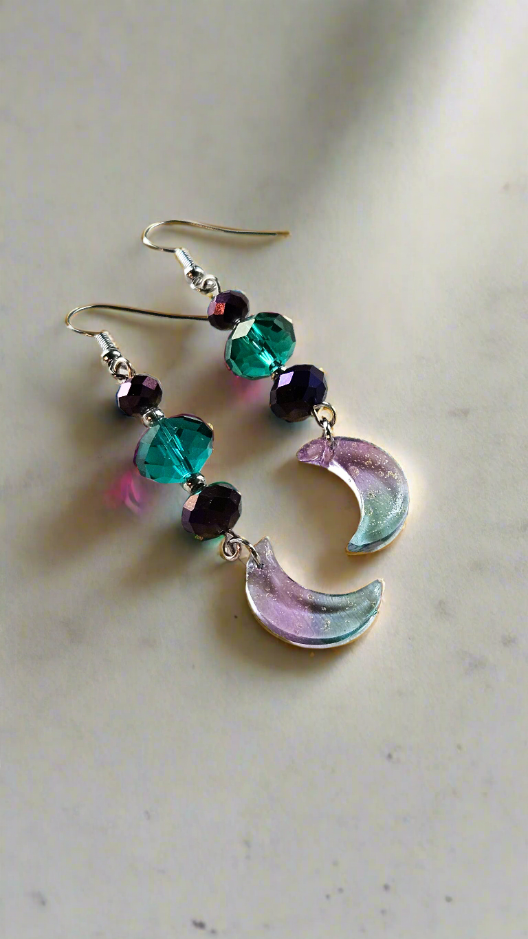 Emerald & Purple Gold Fleck Moon Charm Dangle Earrings