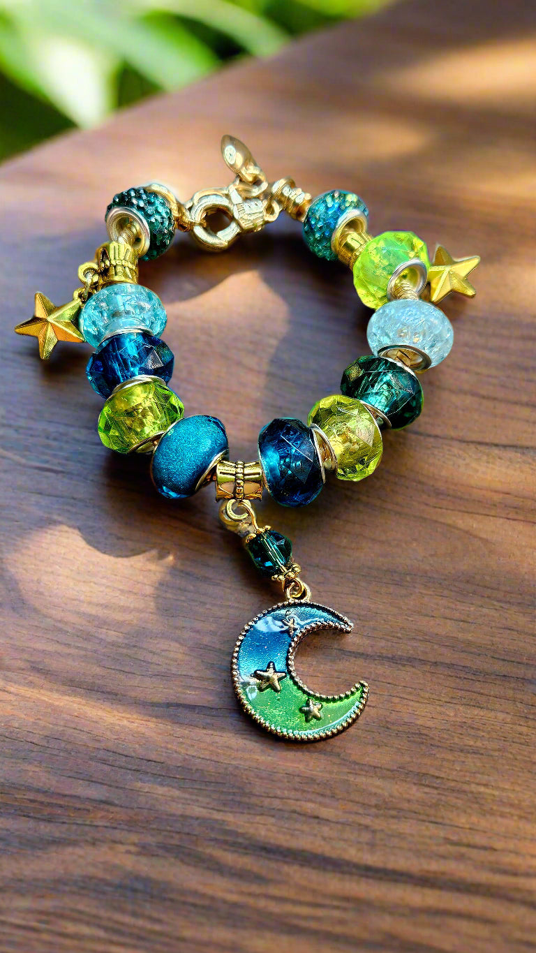 Glimmering Green & Teal Blue Moon Charm Bracelet