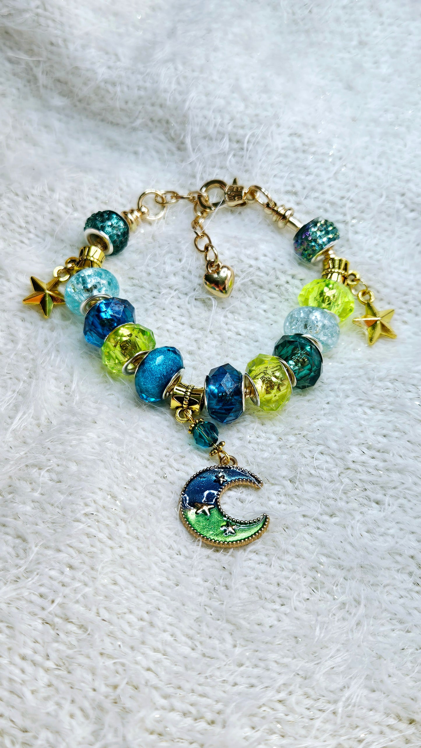 Glimmering Green & Teal Blue Moon Charm Bracelet