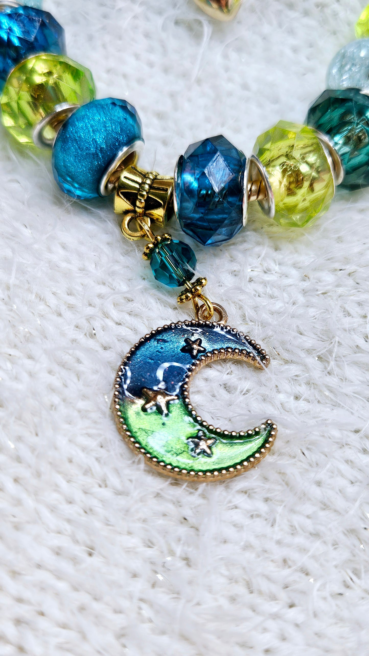 Glimmering Green & Teal Blue Moon Charm Bracelet