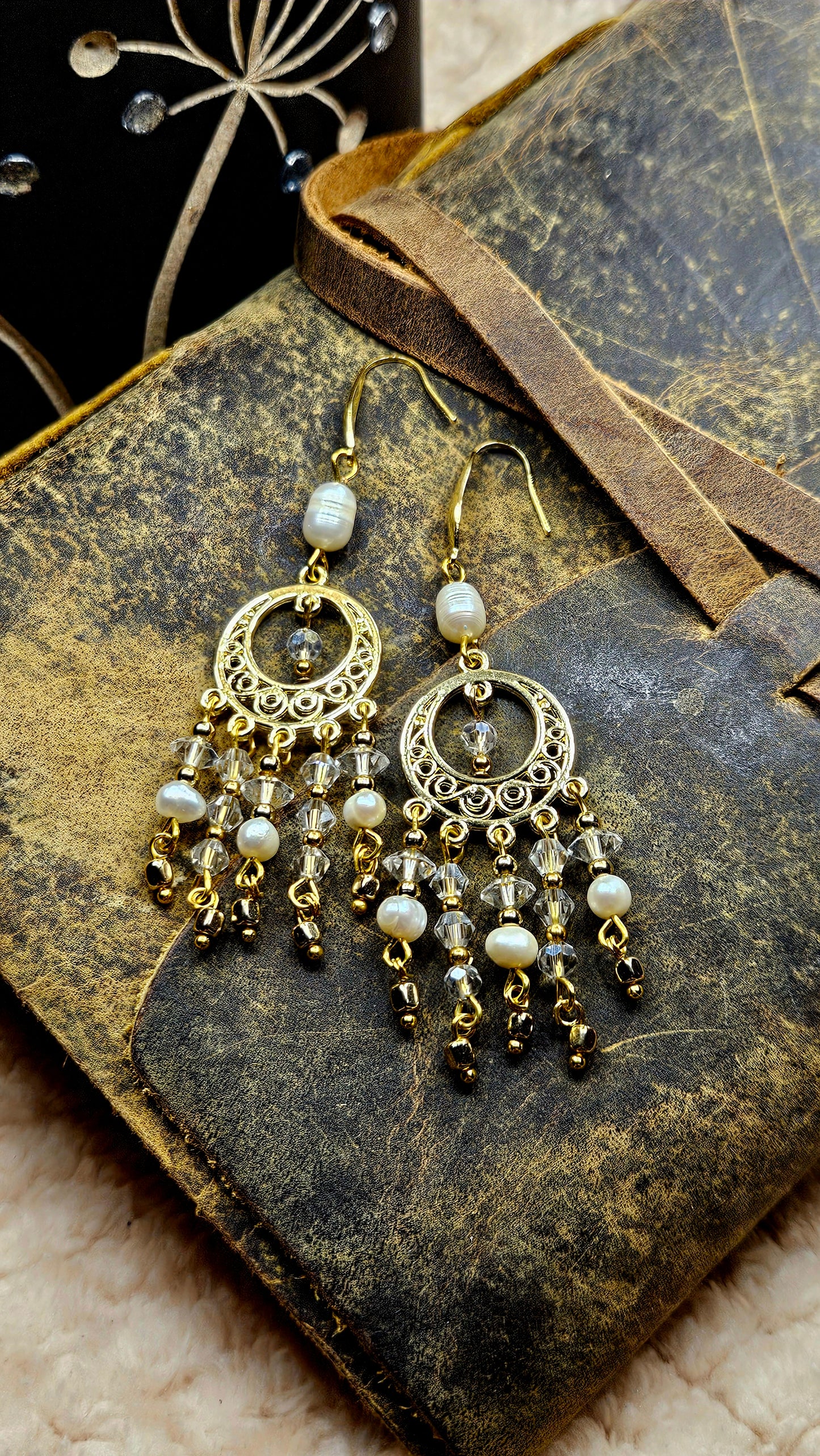 Gold Bollywood Pearls & Crystal Chandelier Dangle Earrings
